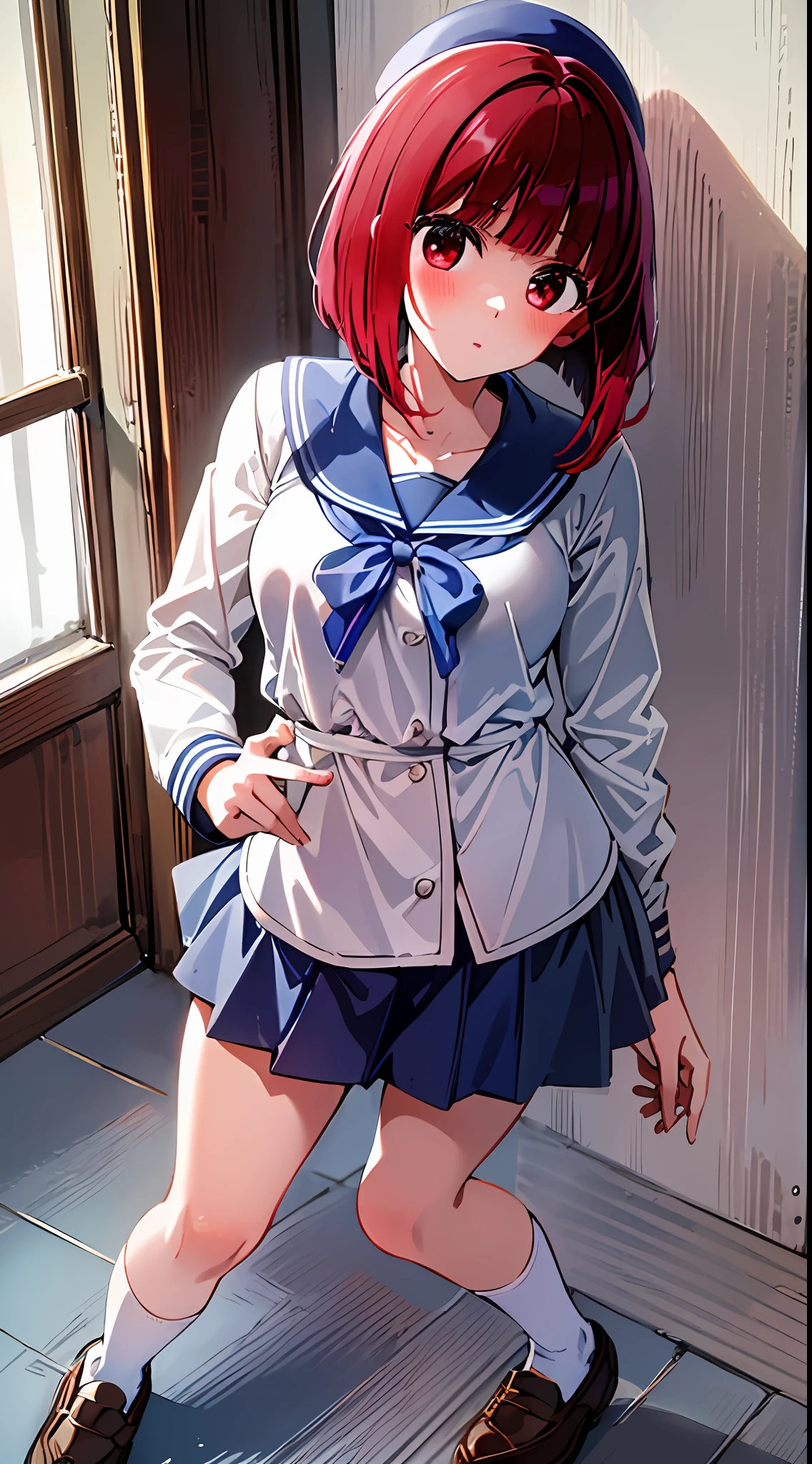 Winter, main girl is beautiful and cute, traditional uniform, navy blue sailor suit, "neat and bright uniform coordination", full body, full body illustration, best illustration, realistic and elaborate uniform, high , elementary school student, ((highest quality)), ((masterpiece)), (detail: 1.4), anatomical, award-winning concept art, beautiful, fine details, portrait, looking viewer, (full body view) ), 1 girl, full body, solo, 6 years old, elementary school student,  actor, red hair, red hair, short hair, red eyes, big eyes, cute underwear, panties, long skirt, silk material panties, skirt lift, blush, classroom, belly button out, clothes lift, easy background, lifting clothes, white shirt, uniform, sailor suit, Japan cute uniform, look away, loli, elementary school, The main girl is beautiful and cute, , baby face, cute, young, young appearance, fantastic visual depiction, professional effect, beautiful girl,  girl, unevenness, absurdity, unevenness, the oldest girls' school Japan based on Christianity along with the girls' school for uniform, "very cute with traditional uniform", "very cute sailor suit for both summer and winter clothes", loafers, red hair, Red eyes, traditional uniform, neat and clean coordination, "In line with our school's educational policy of "nurturing independent women", the beauty of intelligent and dignified women is expressed in uniforms.