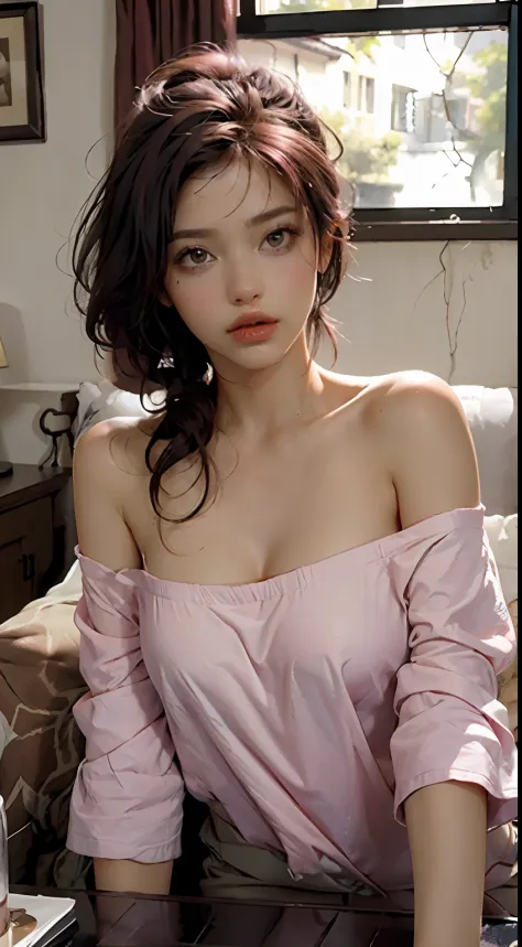 Best Quality, Masterpiece, Ultra High Resolution, (Realisticity: 1.4), Original Photo, 1girl, Pink Off-the-Shoulder, Cinematic L...
