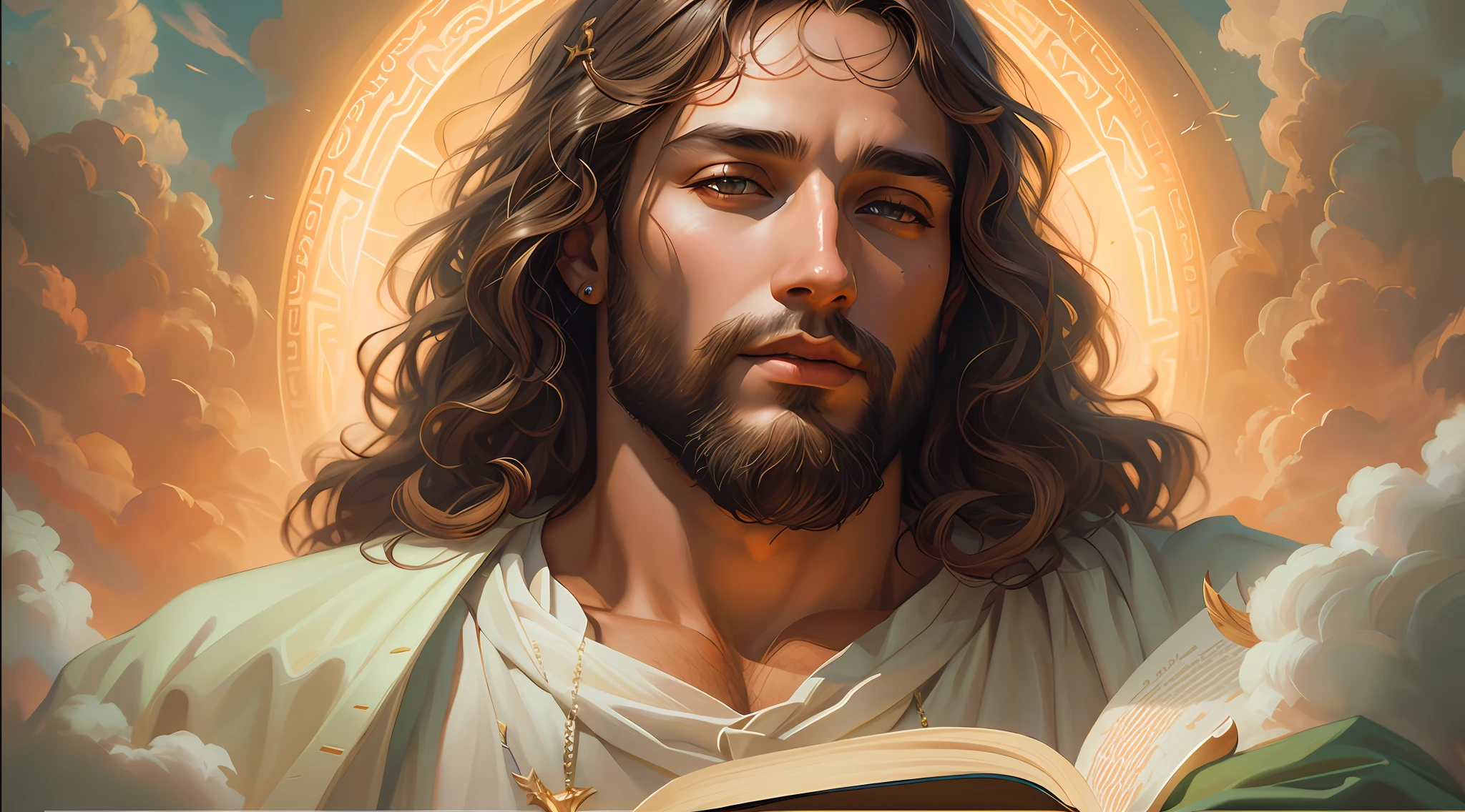 Jesus reading a book in the clouds with his eyes closed, Retrato de JesusChrist, Rob Rey, JesusChrist, detailed painting 4k, low detailed. digitalpainting, bible illustration, alexey egorov, arte do personagem charlie bowater, digitalpainting detalhada, digitalpainting renascentista, rpg book portrait, Wojtek FUS, Directed by: Roman Bezpalkiv