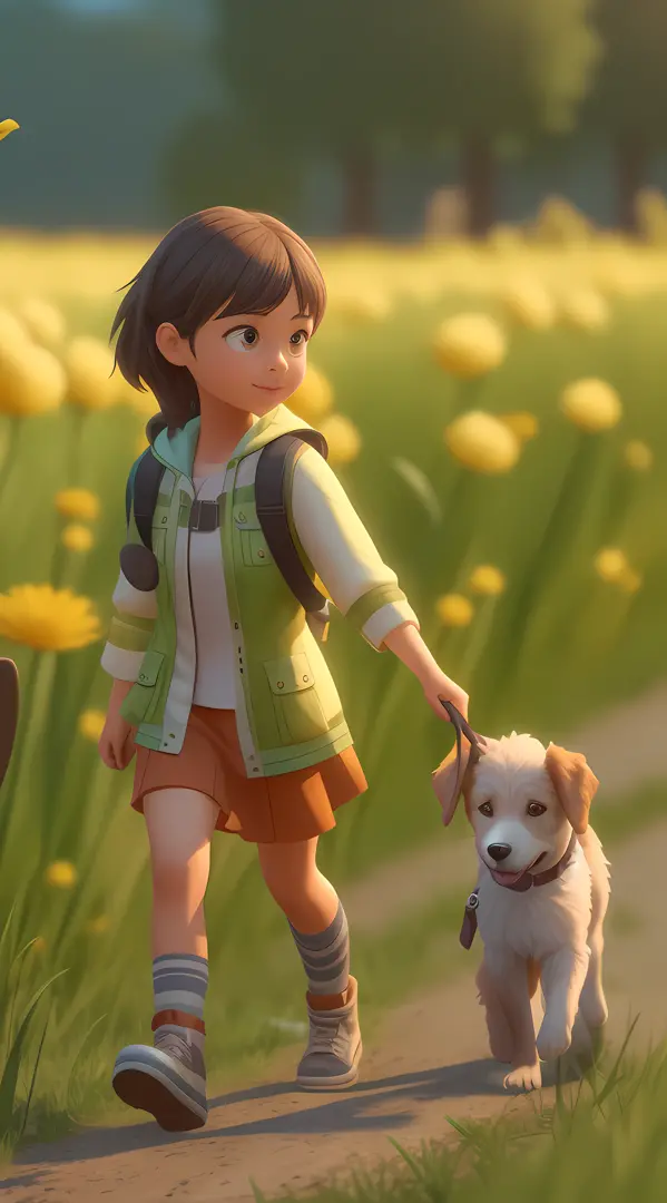 cartoon girl walking with a dog on a trail in a field, small character. unreal engine 5, animation style render, atey ghailan 8 ...