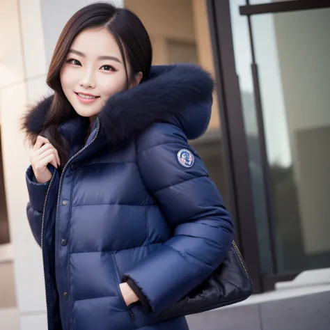 beautiful chinese woman in navy blue puffer coat, cute, smiling, seductive