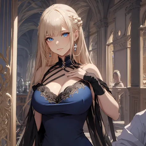 masterpiece, best quality, 1woman, adult, female focus, solo, mix white and black hair, vibrant blue eyes, looking at viewer, closed mouth, bangs, Fantasy aesthetics, Highly detailed, shadowverse style, blue elegant dress, big breast, thick