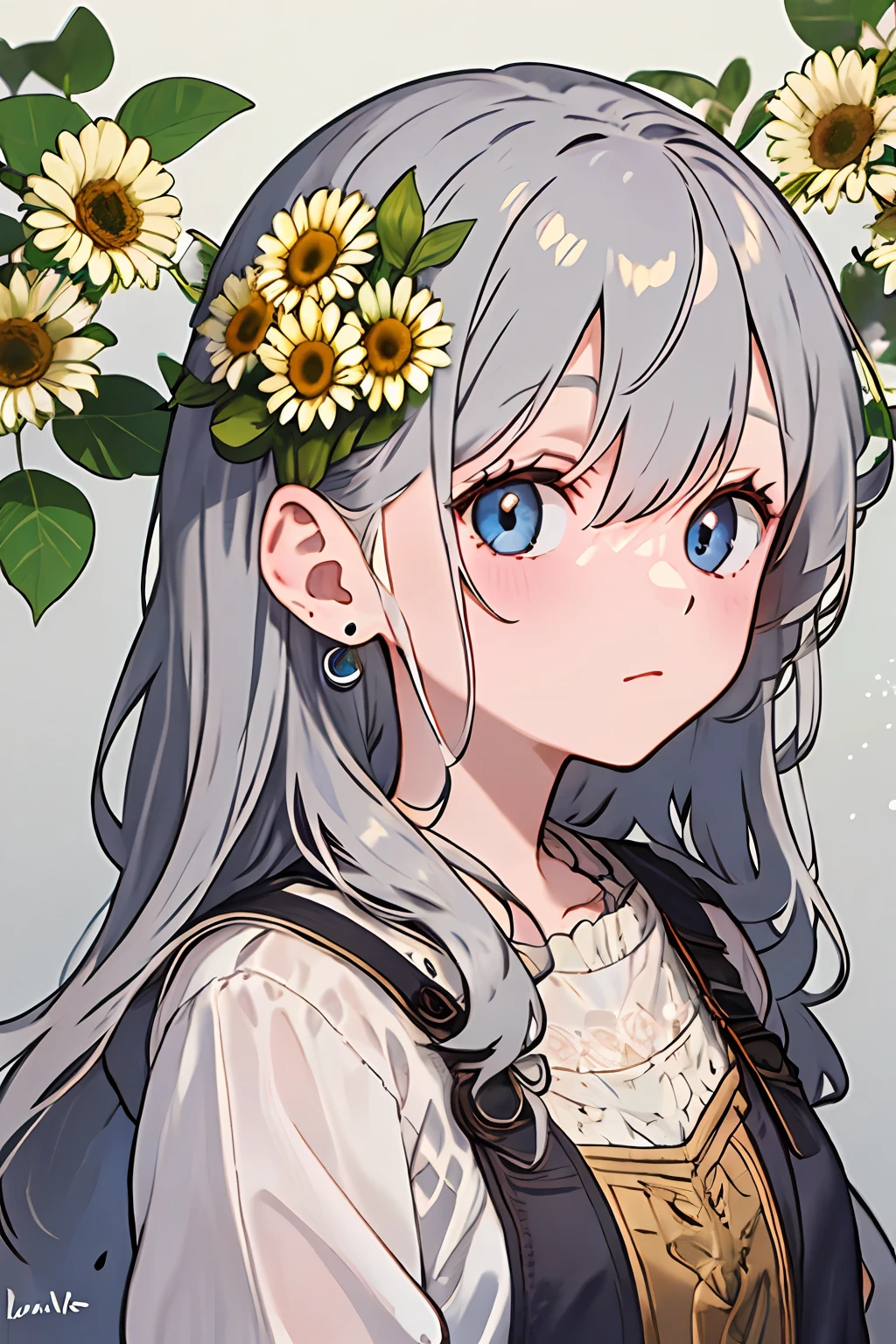 1girll, Solo, flower, Daisies，sportrait, Foliage, By bangs, signatures, flor branca, Gray hair, long whitr hair, eBlue eyes, Hair between both eyes, Flower earrings，Q version of the little girl