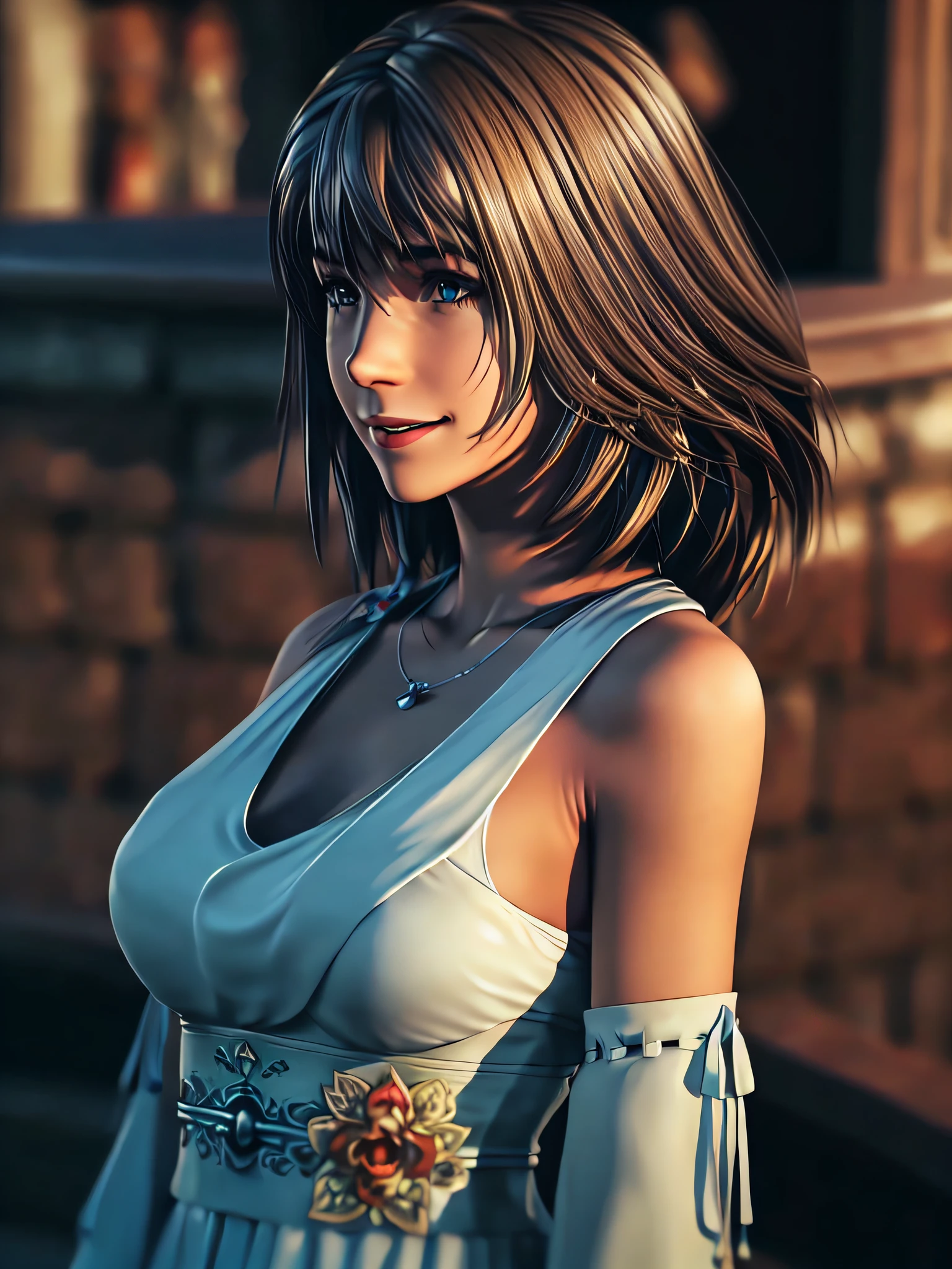 ((Best Quality:1.2, 8K, Sharp Focus, master piece: 1.2, natural Light, extremely details CG, beautiful Girl:1.2, reality, Detailed face textures, Realistic skin, beautiful makeup, octane render, magnificent, Detailed bangs)), (depth of fields), Bokeh background, Smile, brown middle hair, Cowboy Shot, (white evening dress), wind, from side