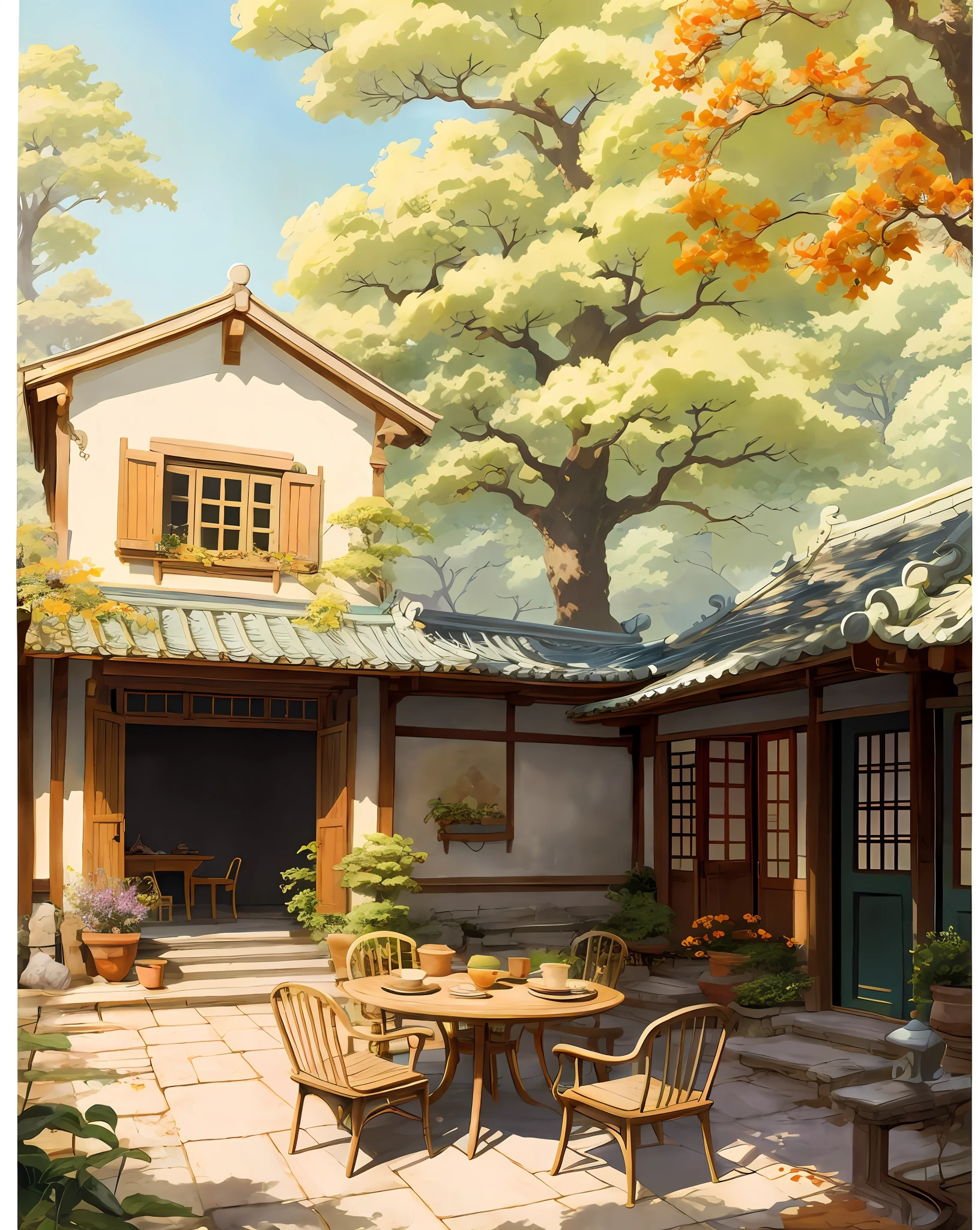 Draw a courtyard with tables and chairs and a tree, Chinese courtyard, the structure of the house is simple in Chinese, warm late autumn warm colors, tables and chairs in the yard, fruit plates on the table, flowers and plants around, beautiful artwork illustrations, landscape artwork, autumn, Zhou Chen, there is a persimmon tree, full of red persimmons, lens wide angle, far view, master works, anime background art, Studio Ghibli art, Studio Ghibli environment, beautiful digital painting, detailed scenery - width 672, Studio Ghibli style, Studio Ghibli Sunshine, beautiful digital artwork, painted by Ni Yuanlu, Studio Ghibli painting style