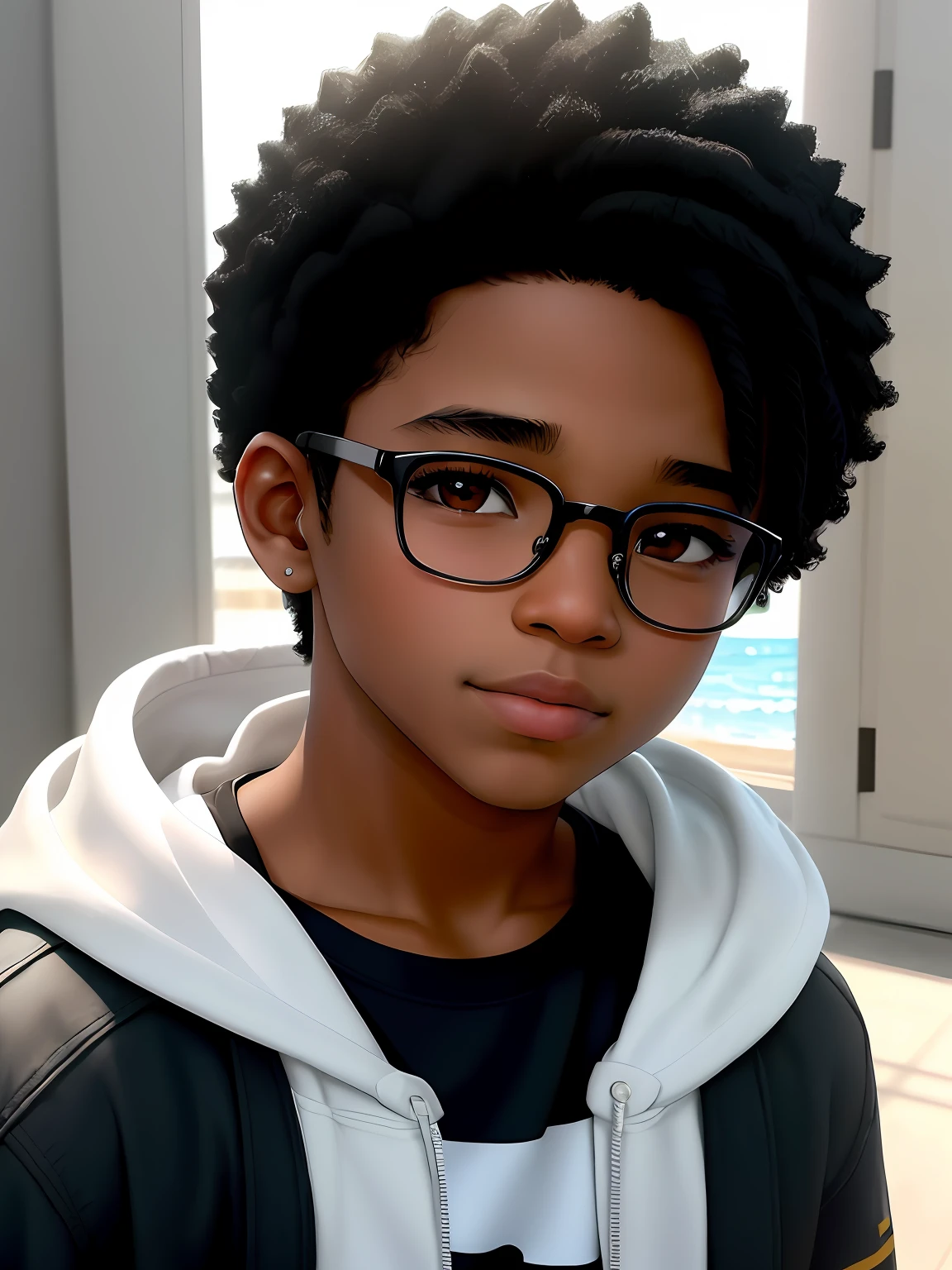 Retrato de apocalipsis nevado de un adolescente negro súper guapo, Niño con gafas, luz oscura, Atmósfera inquietante, Arte digital, intrincado, resolución 8K, calidad súper alta,