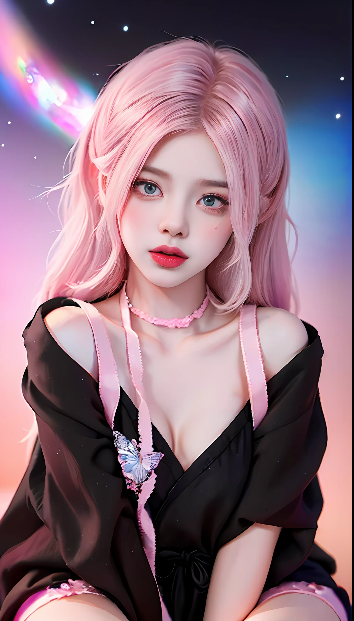 ((hyper super ultra detailed perfect piece)),illustration,masterpiece,(extremely detailed CG 8k),(real picture, intricate details, photograph, photorealistic),(((detailed pop magic universe background))),((shine colorful gradation skin clothes)),(((pink hair))),((best quality)),(black half tights),(black micro shorts),(upskirt),(((Solo))),sit down,((bobbed long hair)),((wearing witch cute robe)),(((beautiful atelier))),(detailed anatomy),((pink eye)),(gradation pupils),flat chest,((magic metamorphosis body)),((magic gradation water)),(metamorphosis gradation body skin)