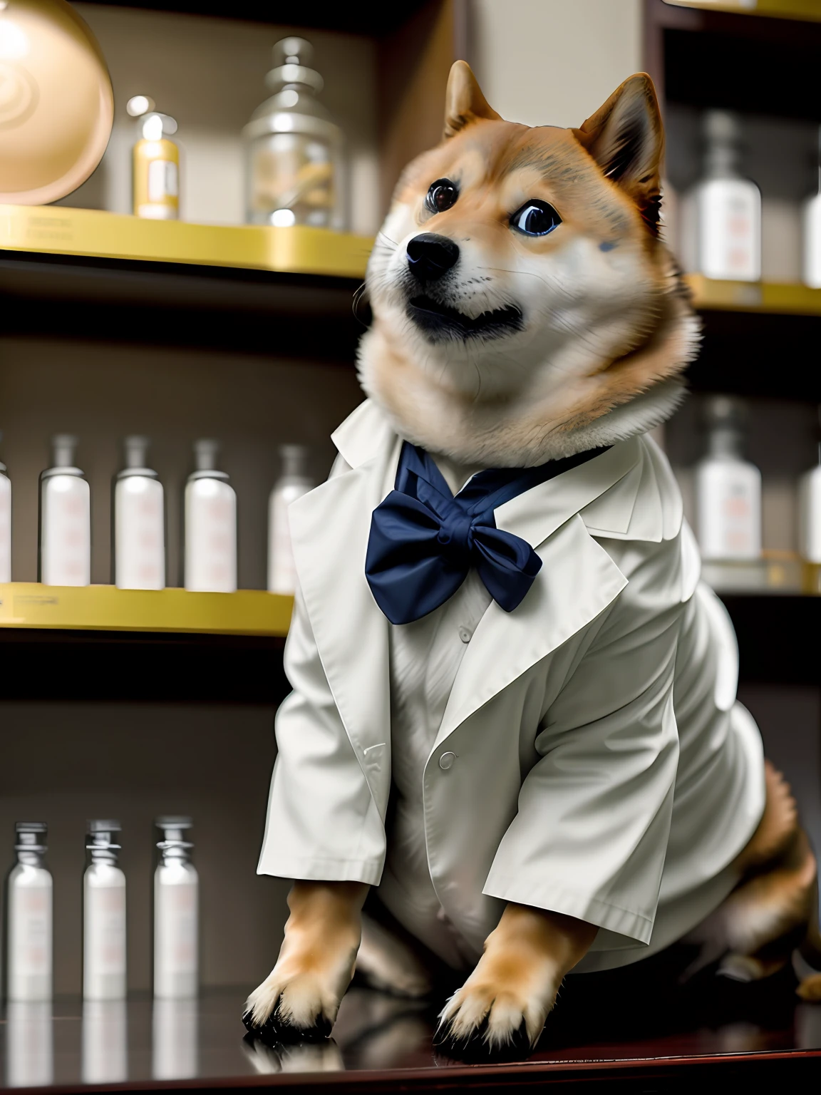 (masterpiece), extremely intricate, (realistic), nature, flowers, sharp focus, dramatic, award winning, cinematic lighting, octane render, unreal engine, volumetrics dtx, 1dog, ntydoge as a doctor wearing doctor's white coat lying in a shelf of a pharmacy, ((full body)),looking at viewer, solid background