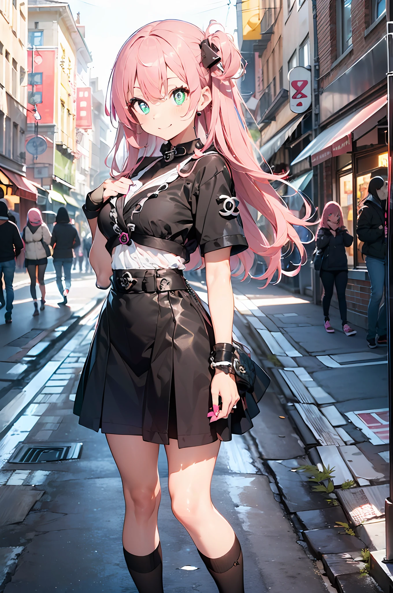 (street snap, Wearing Chanel and looking happy. )(((masutepiece))) fullllbody(1 girl)((Pink hair, Long hair,Straight hair,two side up)) (Green eyes),eyeshadows, eye line,gloweyes, ultradetailed eyes, intricate eyes, Beautiful eyes, ((Glowing pink pupils))a 18 year old girl