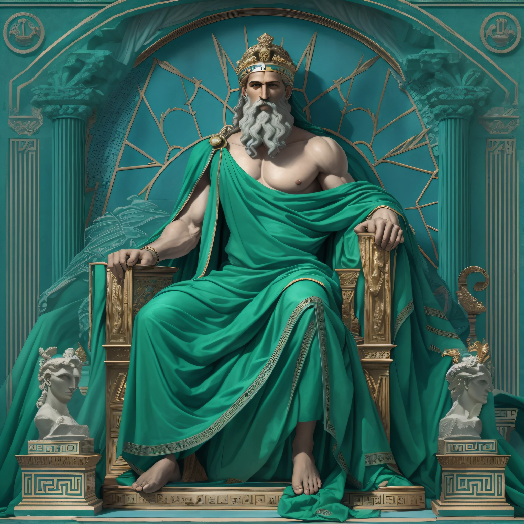 Greek God Zeus seated in his throne. He is wearing ellegant blue cloths.