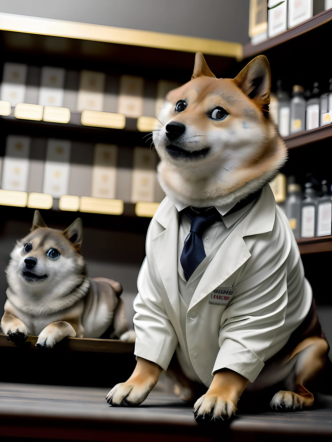 (masterpiece), extremely intricate, (realistic), nature, flowers, sharp focus, dramatic, award winning, cinematic lighting, octane render, unreal engine, volumetrics dtx, 1dog, ntydoge as a doctor wearing doctor's white coat lying in a shelf of a pharmacy, ((full body)),looking at viewer, black background