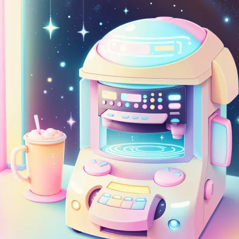 kawaiitech,pastel color, kawaii,  cute colors ,scifi,  
coffee machine , mug ,