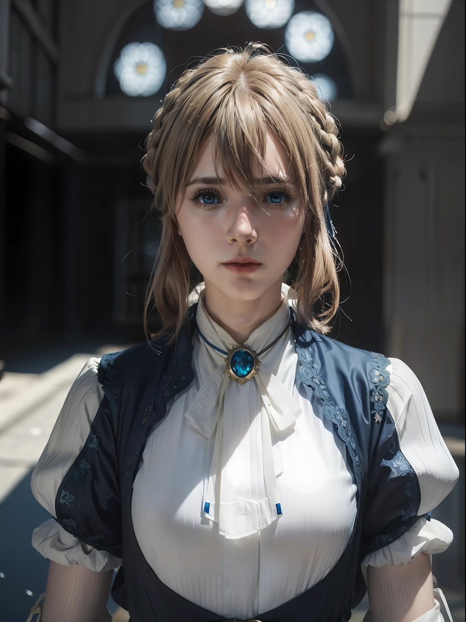 violet_evergarden,  blue_eyes, blonde hair, (realism:1.2), (masterpiece:1.2), (best quality), (ultra detailed), (8k, intricate), (85mm), light particles, lighting, (highly detailed:1.2), (gradients), colorful, daylight,