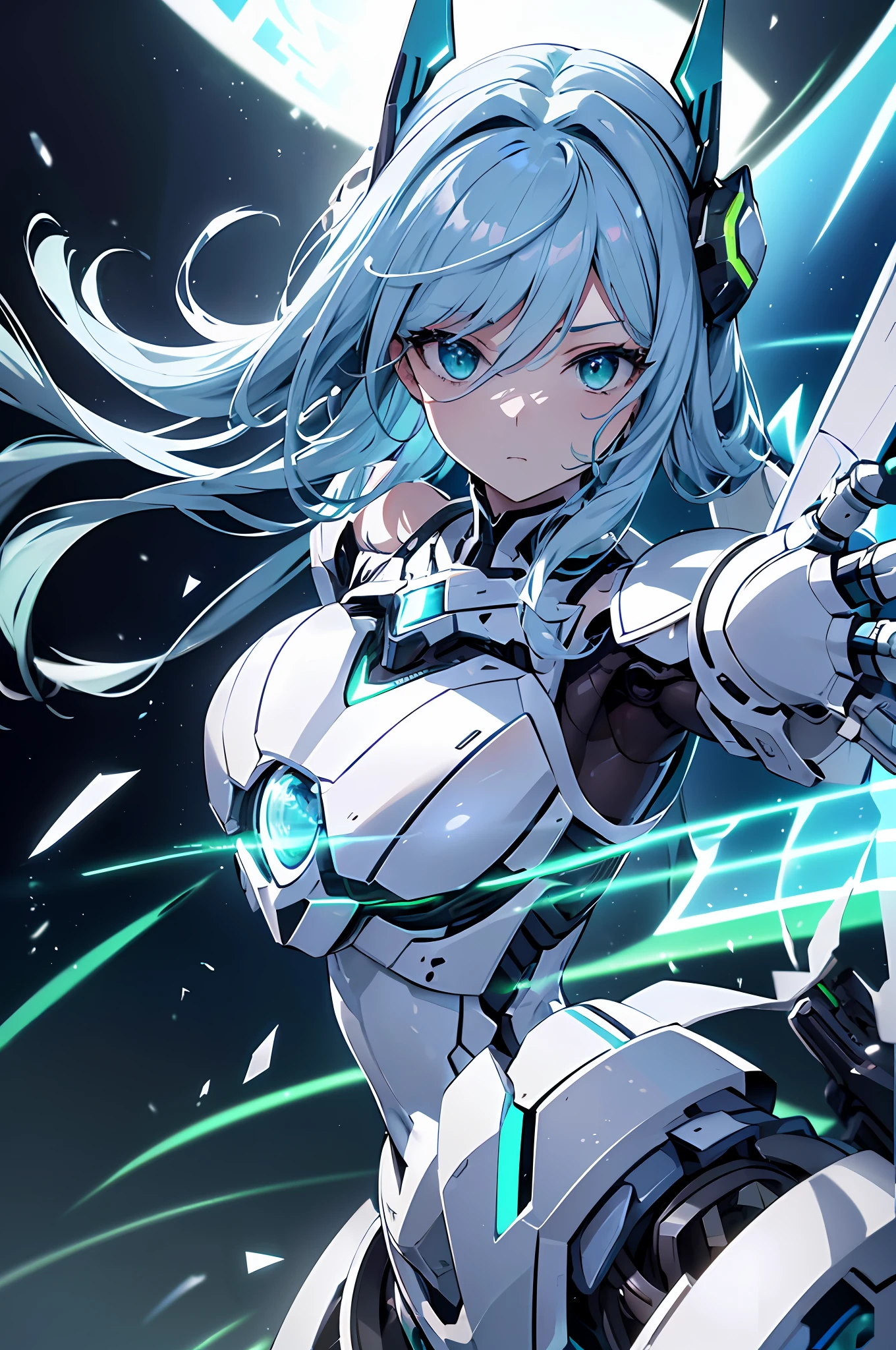 top quality, Masterpiece, fine detail, ultra precision, very delicate 8k wallpaper, robot girl, (long blue hair), (white mechanical armor), (green eyes), (machine sharp headgear), (Mechanical wings attached to shoulders), The glowing core in the middle of my chest, (mechanical joints), (five fingers, 4fingers and 1thumb),