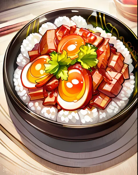 a bowl of braised pork rice, egg, vegetable, ((masterpiece)),illustration,high detail, soft lighting, delicious, colorful, aesthetically pleasing, studio lighting, trending