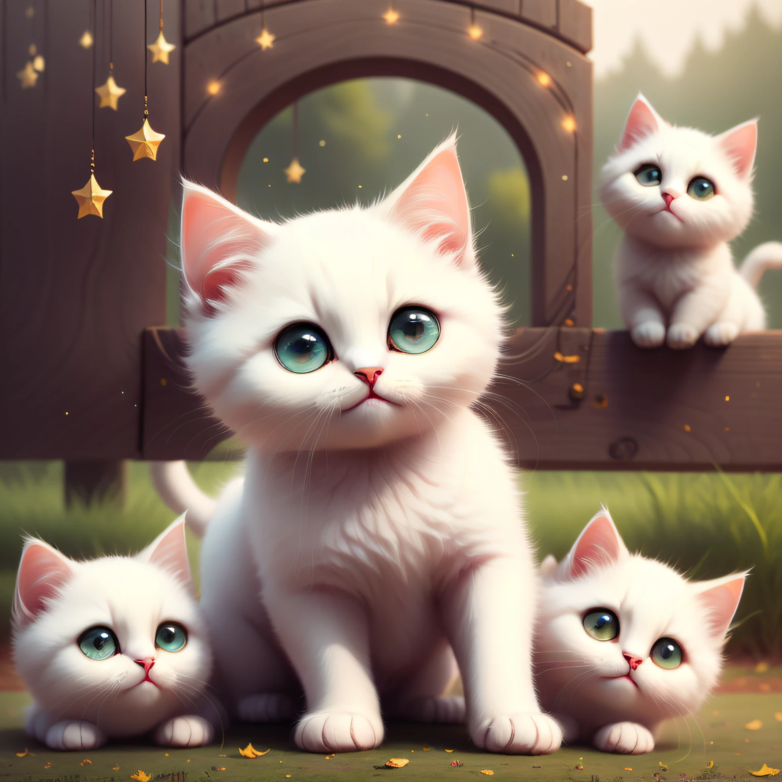 The white kitten smiled happily，Big jewel-like eyes，Cute smile，Young bodies play happily in various landscapes、big laughter、Four seasons of spring, Summer, Autumn, winter