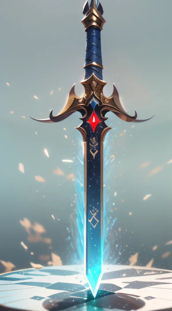 Excalibur，（（（The body of the sword is wrapped with red and blue particle effects：1.3））），Delicate sword hilt，Sharp sword body，（The sword body is symmetrically ornamented：1.3），The tip of the dangling sword is downward，（Excalibur's entire body is centered：1.3...