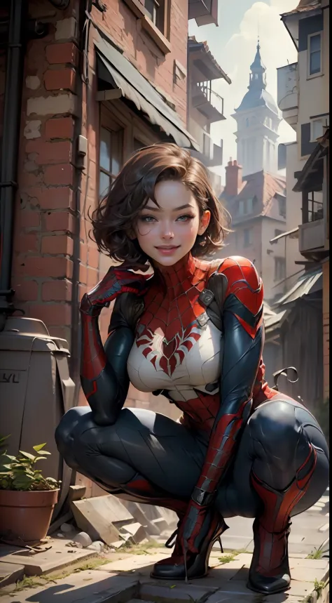 Masterpiece, HD, detailed details, beautiful woman detailed defined body using Spider-Man roleplay, big breasts, smile, delicate facial features, perfect face, fair skin, short hair, squatting on the roof of a tall building