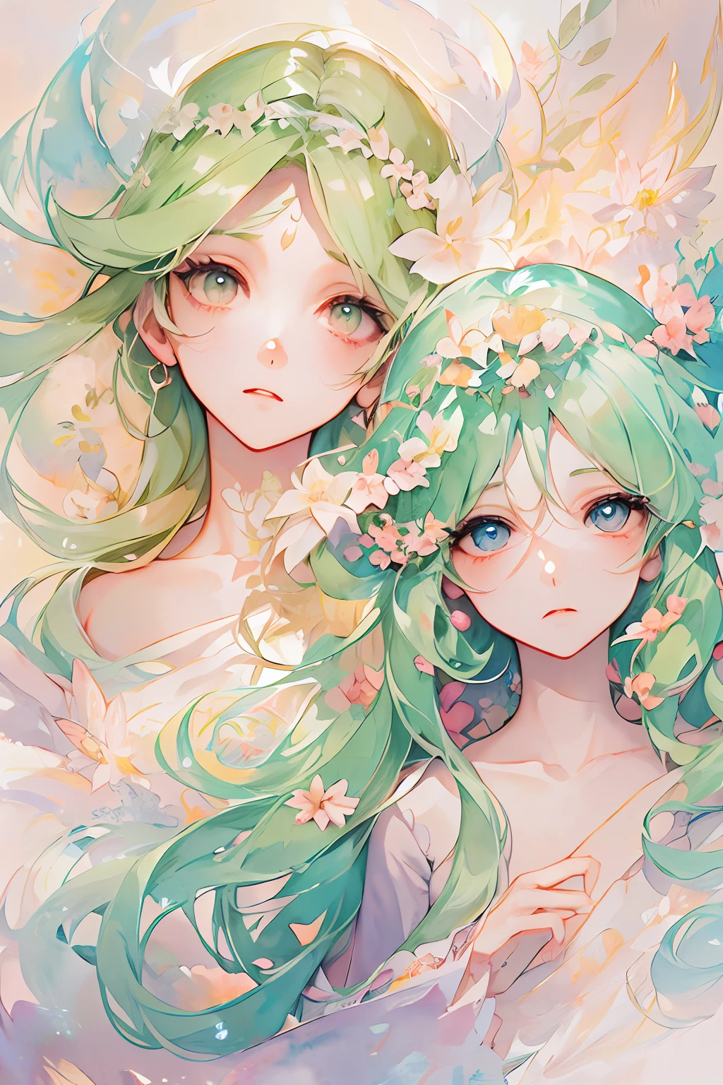 Princesses who follow fire spirits, water spirits, wind spirits, light spirits, and dark spirits., fluffy pastel colors.Fine brush, rough, detailed watercolor, soft and fantastic, pastel, fluffy, (extremely fine and beautiful), (perfect details)、(pastel color),Soft texture:1.2.(Mastepiece, Best Quality), (finely detailed beautiful eye), (finely detailed eyes and detailed face),The tones are also visibly luminous.Pale blurred outline