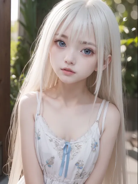 Natural platinum blonde fine hair、Super long silky straight hair、Bangs on the face and eyes、Blue big eyes、Transparent white and wet nightgown、1girl in、Nordic youth、perfect bodies、extremely beautiful and cute、White muscle、glowy skin、Young and beautiful skin...