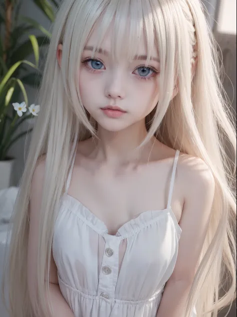 Natural platinum blonde fine hair、Super long silky straight hair、Bangs on the face and eyes、Blue big eyes、Transparent white and wet nightgown、1girl in、Nordic youth、perfect bodies、extremely beautiful and cute、White muscle、glowy skin、Young and beautiful skin...