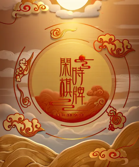 Chinese New Year greetings with gold frame and clouds, Middle metaverse, inspired by Park Hua, Wang Chen, golden chinese text, Text relief，with light glowing