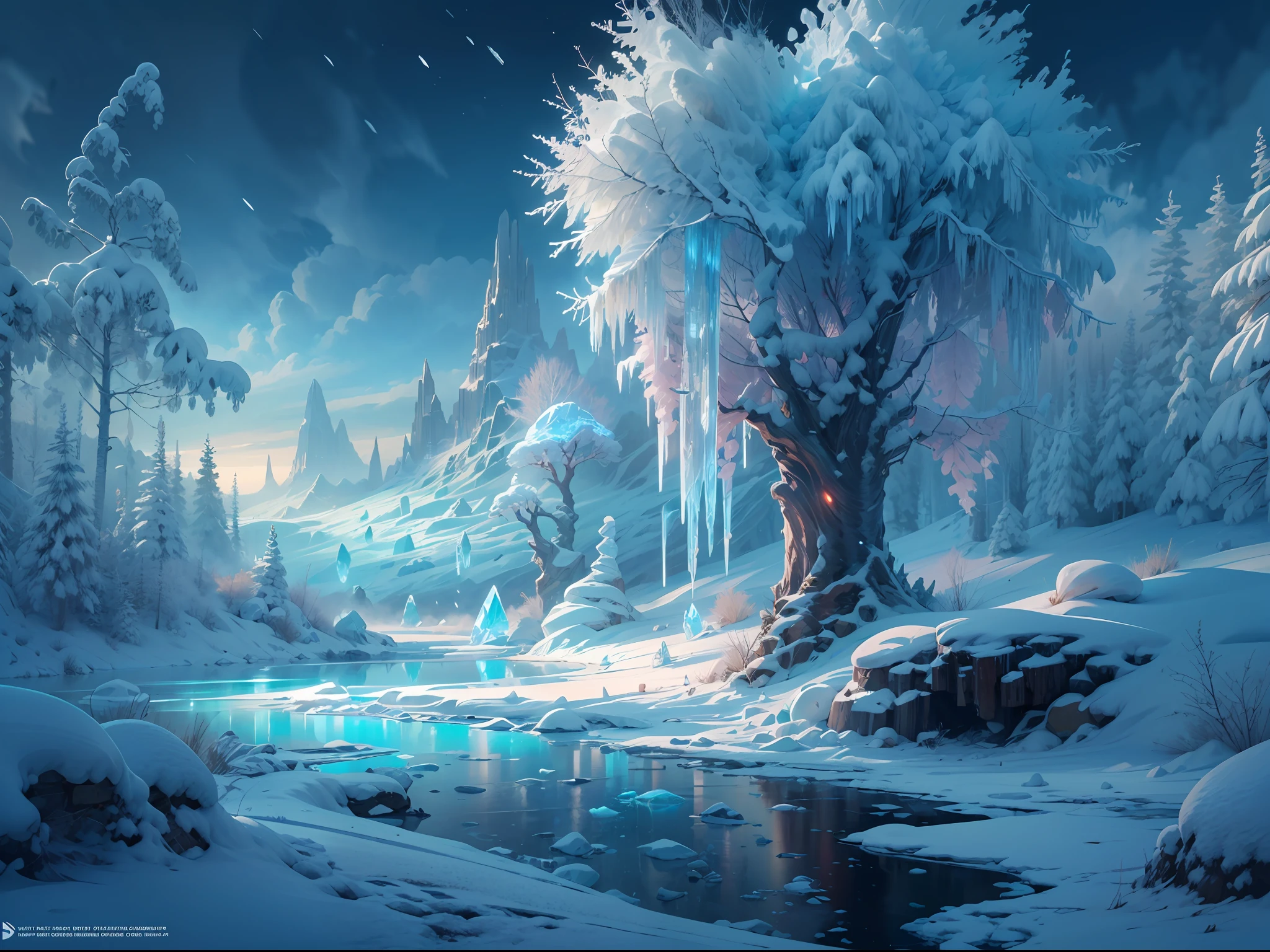 This breathtaking piece of official concept art by Mappa Studios depicts a majestic scene of an ice age frozen river. Every element is covered in a pristine blanket of glistening ice and snow, creating a winter wonderland. The landscape features an enchanting forest of ice spikes, which reach towards the sky with an ethereal beauty. Above, the aurora dances across the night sky, casting a mesmerizing glow over the frozen landscape.
BREAK
Despite the blizzard and snowstorm raging, a small bush resiliently stands, adding a touch of life and color to the otherwise icy surroundings. The atmosphere is heightened by a gentle fog, which adds an air of mystery and creates a sense of depth within the scene.
BREAK
This highly detailed digital art is rendered in a stunning 4k resolution, showcasing the intricate details of the ice formations and the delicate textures of the snow. The realism achieved through the use of Octane Render brings the scene to life, making it almost tangible.
BREAK
The use of bioluminescent elements adds a magical touch to the composition, with soft glows of cool colors illuminating the frozen landscape. The artistic technique of ligne claire creates clean, well-defined lines, adding to the overall aesthetic appeal of the artwork.
BREAK
This masterpiece is a testament to Mappa Studios' talent and expertise, representing the best quality in official art and illustration. The composition is perfectly balanced, adhering to the rule of thirds and creating a visually pleasing arrangement of elements.
BREAK
With its 8k resolution, this concept art showcases an incredible level of detail, allowing viewers to immerse themselves fully in the frozen world depicted. The image is a true gem in the realm of fantasy art, capturing the essence of a winter wonderland with a focused and captivating vision.