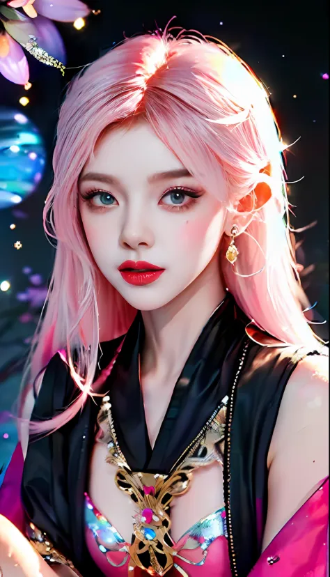 ((hyper super ultra detailed perfect piece)),illustration,masterpiece,(extremely detailed CG 8k),(real picture, intricate details, photograph, photorealistic),(((detailed pop magic universe background))),((shine colorful gradation skin clothes)),(((pink ha...