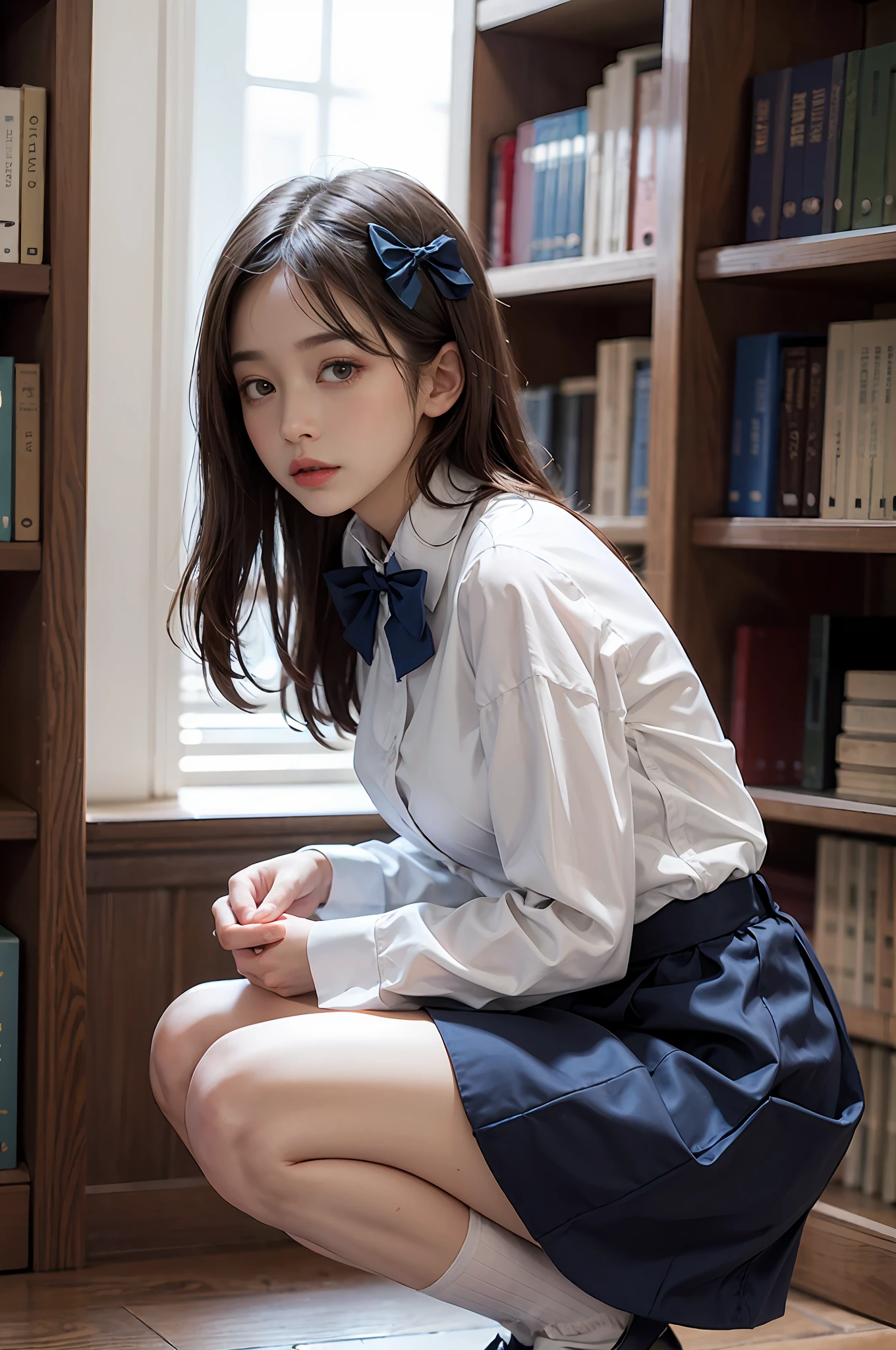 Woman squatting alone in library、White floral blouse、Dark blue bow tie、Dark blue skirt with ruffles,、Wearing white silk socks、Wearing pumps、White light background