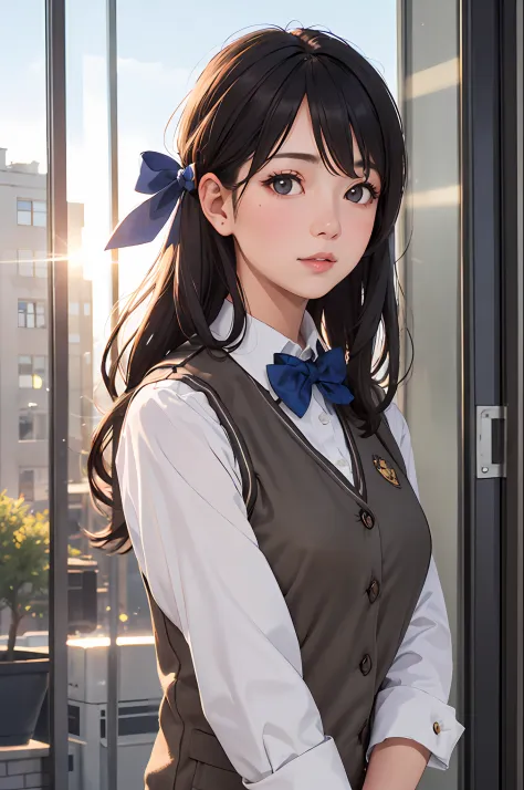 1girl, matured female, vest, bow, photo, realistic, best quality, hires, detailed face, office, buildings from window, detailed ...