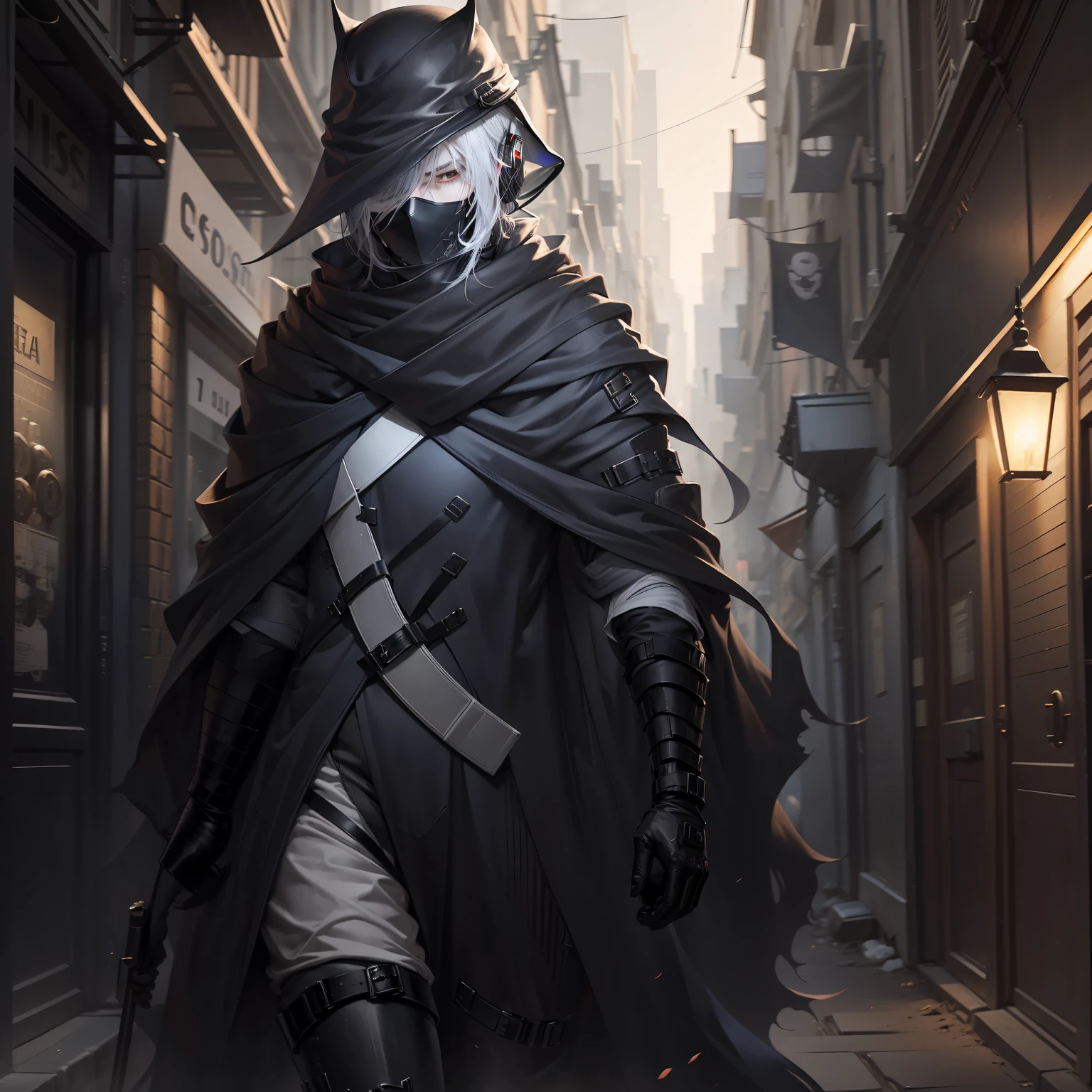 Men in pitch-black clothing，The helmet covers the eyes，Bring headphones，Wear a mask so that the face is completely obscured，Handsome，alleys，On the run，Best quality