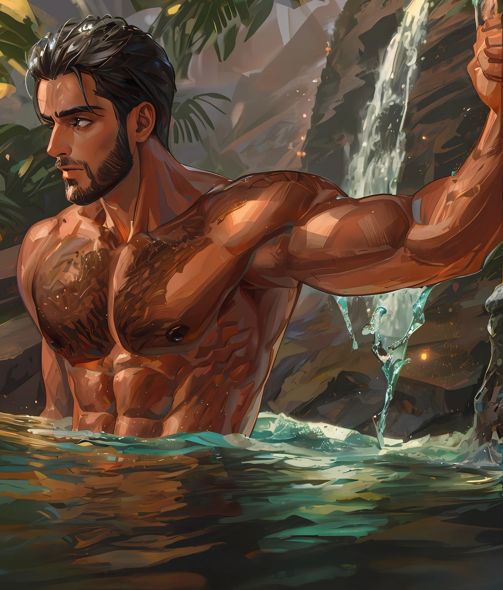 there is a man that is standing in the water with a waterfall, strong masculine features, modelo masculino, macho atraente, 2 homens musculosos atraentes, corpos peludos molhados, corpo atraente, musculoso masculino, chiseled muscles, exaggerated muscle physique, Homem magro com pele bronzeada clara, corpo musculoso sexy, corpo bonito bonito, Directed by: Adam Dario Keel, Bowed muscles;