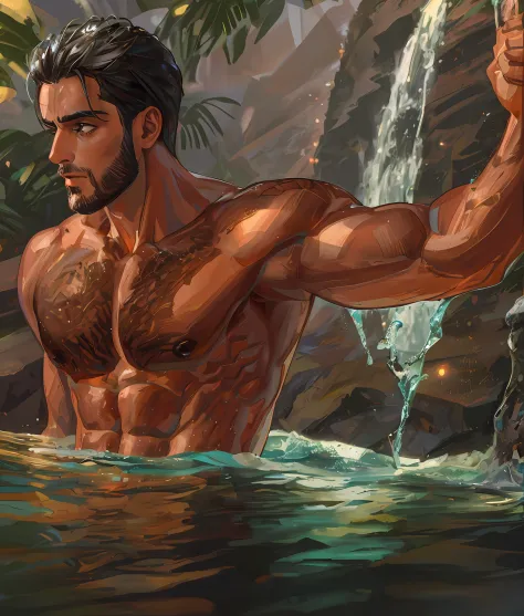 there is a man that is standing in the water with a waterfall, strong masculine features, modelo masculino, macho atraente, 2 ho...