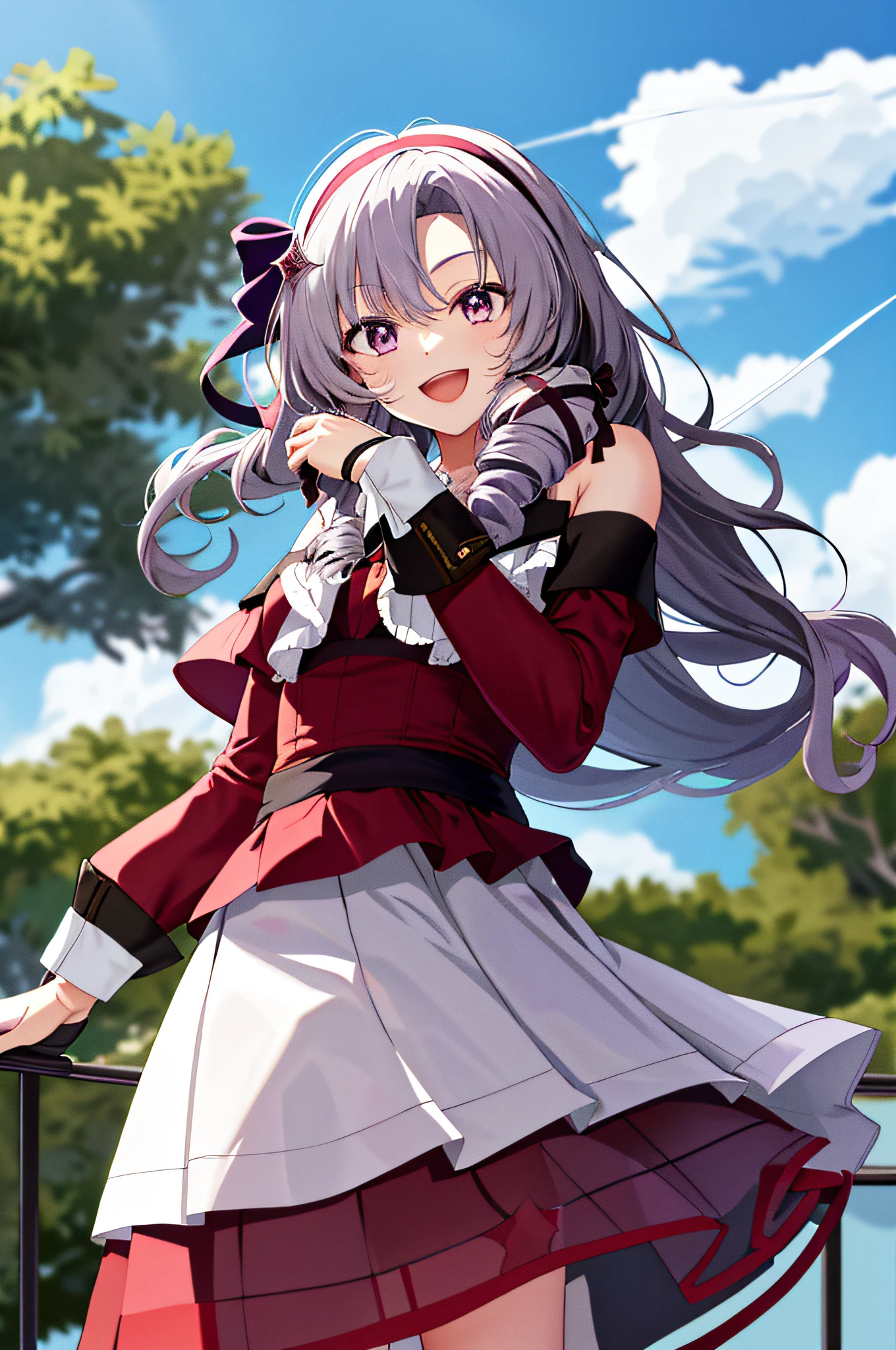 ​masterpiece, top-quality, Hi-Res, hmsalome, Drill Hair, partedbangs, Black Hair Band, bow ribbon, a purple eye,, tattooed, Red dress, long-sleeve, bare shoulders​, Black Gloves, cowboy  shot, Oshiro-sama Pose, A smile, open open mouth,(white  panties:1.3)、White underwear、(Wind、wind lift、Skirt lifted by the wind、Skirt rolled up by the wind、Skirt flutters:1.5)、(Fully exposed panties:1.5)、(is standing)、