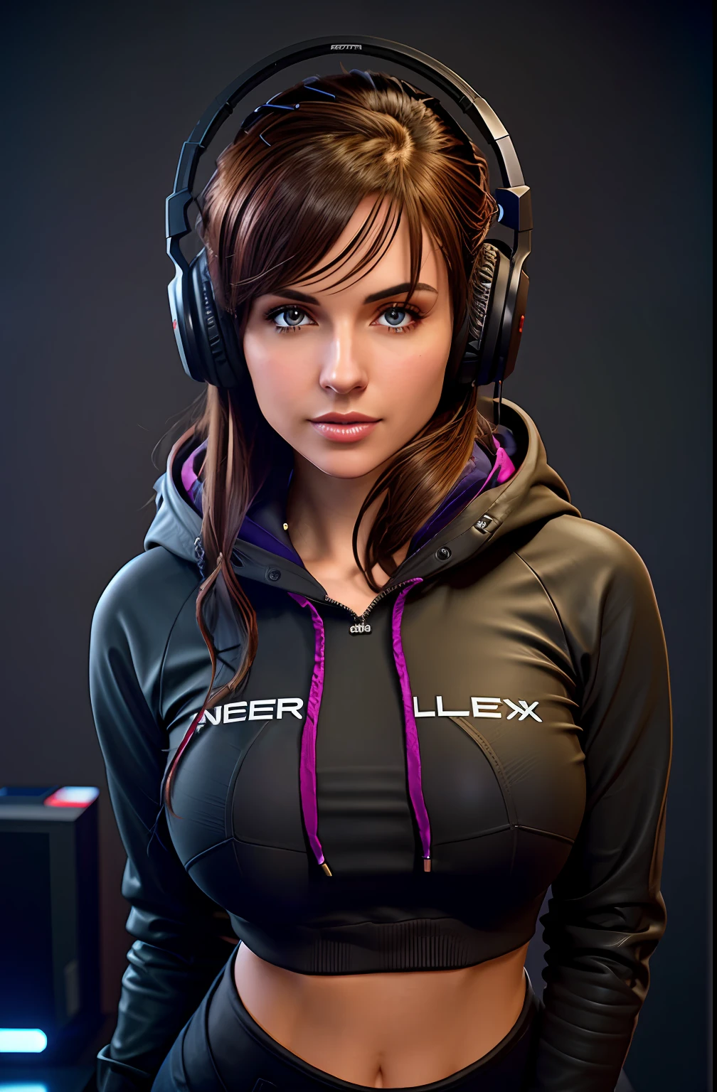 long straight dark brown haired gamer girl leaning into the camera, photo from front above, dark red hoodie, straight hair, large leather gamer headphones, medium breasts, skintight black top:1.2, cleavage, purple bra:1.2, looking at viewer, soft colors, cinematic lighting, perfect anatomy:1.2, round breasts:1.2, well-organized, neat:1.2, perfect proportions,