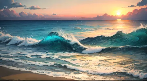 anime: Scenery of a beautiful beach with waves in the sea, com o por do Sol ao fundo.