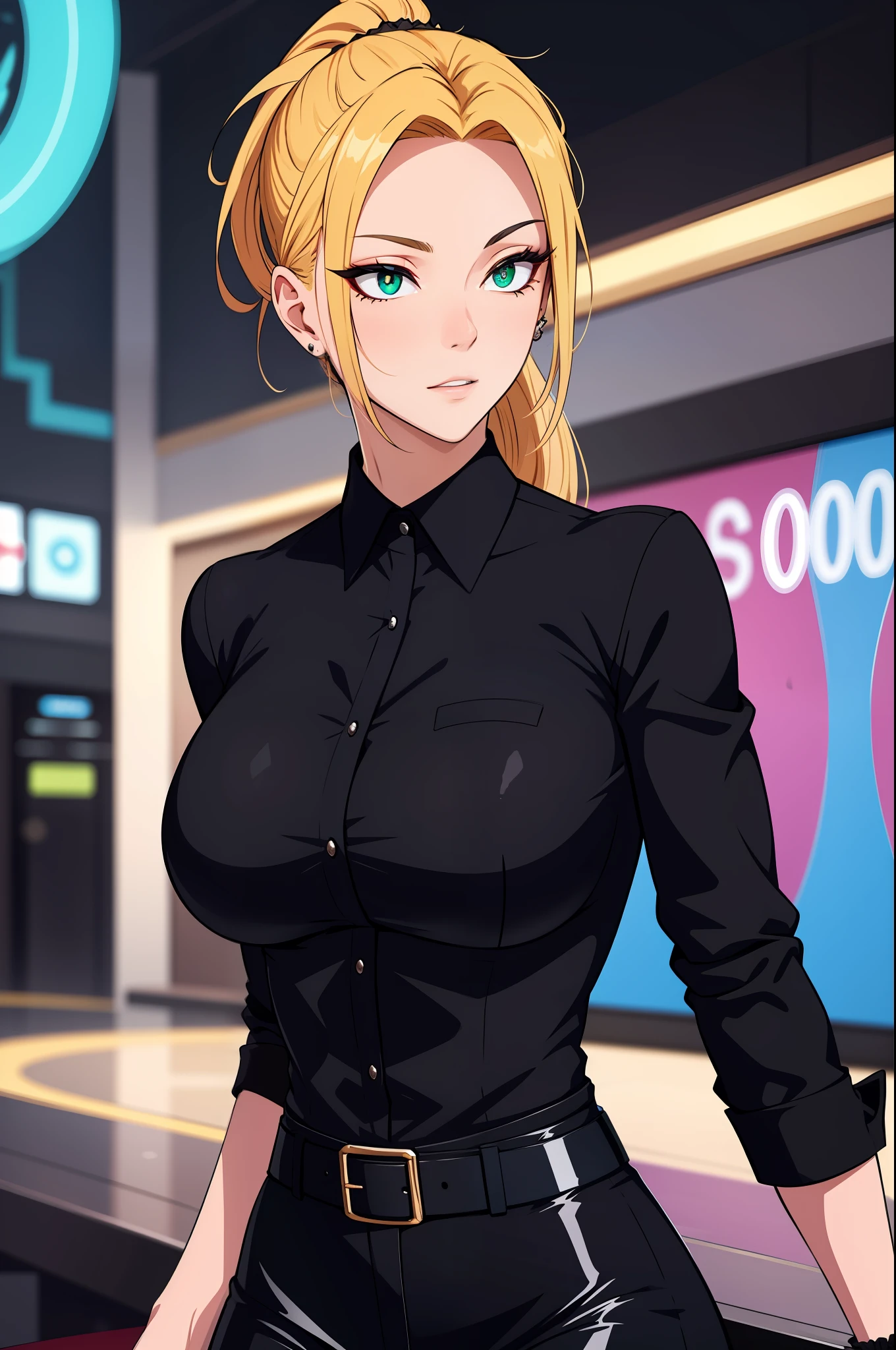 （tmasterpiece，A high resolution，best qualtiy：1.2），8k，highly  detailed，complex，rich colourful，vibrant image，Clear focus，cinematic ligh） blond hairbl，long whitr hair，Green eyes，body builder （Wear black business attire，black_Collared shirt cropped jacket，tiese，tiese，Black frilled skirt，a garter belt，Leather belt） （Large, Perfect round breasts，Hourglass body，Big breasts Thin waist，Very thin waist， photograph realistic，（hyper realisitc：1）big breasts beautiful， tmasterpiece，Best quality at best，extremelydetailedface，s the perfect face，beauitful face，Perfect lighting，Detailed eye makeup，Details of the face，Nice detail eyes，pretty hand，perfect hand，glowing light eyes（realistic pupil，Realistic iris：1）Heavy eye makeup，（empty Casino）（Posing dynamically）High ponytail