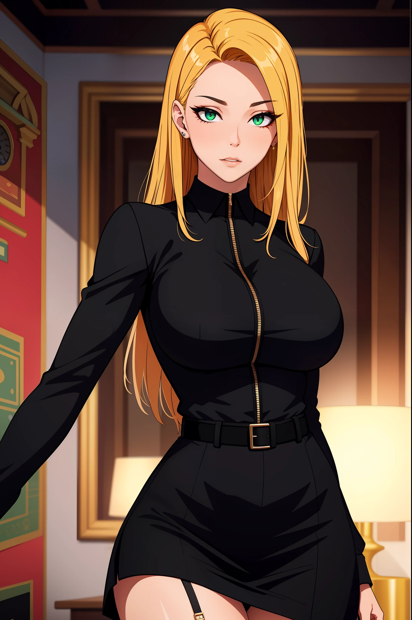 （tmasterpiece，A high resolution，best qualtiy：1.2），8K，highly  detailed，复杂，rich colourful，vibrant image，Clear focus，cinematic ligh） blond hairbl，long whitr hair，Green eyes，body builder （Wear black business attire，black_Collared shirt cropped jacket，tiese，tiese，Black frilled skirt，a garter belt，Leather belt） （Large, Perfect round breasts，Hourglass body，Big breasts Thin waist，Very thin waist， photograph realistic，（hyper realisitc：1）big breasts beautiful， tmasterpiece，Best quality at best，extremelydetailedface，s the perfect face，beauitful face，Perfect lighting，Detailed eye makeup，Details of the face，Nice detail eyes，pretty hand，perfect hand，glowing light eyes（realistic pupil，Realistic iris：1）Heavy eye makeup，（empty Casino）（Posing dynamically）pantiess