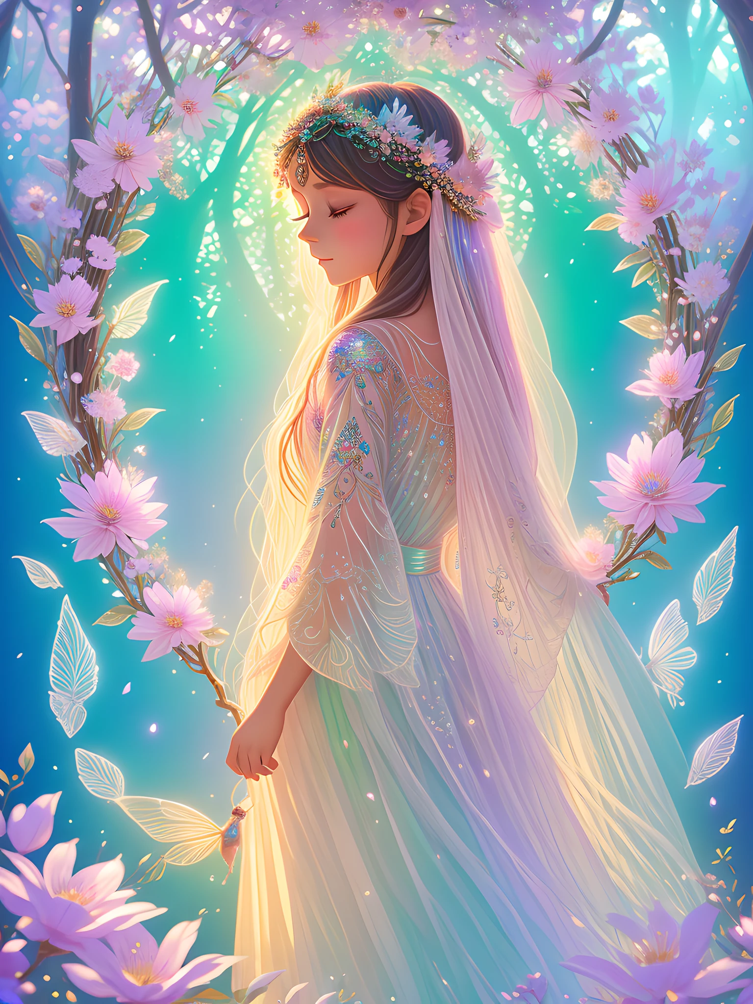 In a realm of enchantment, within a magical forest, a mystical fairy girl emerges, a radiant being adorned in gossamer threads of moonlight. Her dress, woven from petals and stardust, shimmers with an iridescent glow, reflecting the celestial canopy above. As she flutters amidst blossoming trees and twinkling fireflies, the air resonates with the ethereal symphony of nature's whispers, creating a realm where dreams and reality intertwine in a dance of pure enchantment. --auto