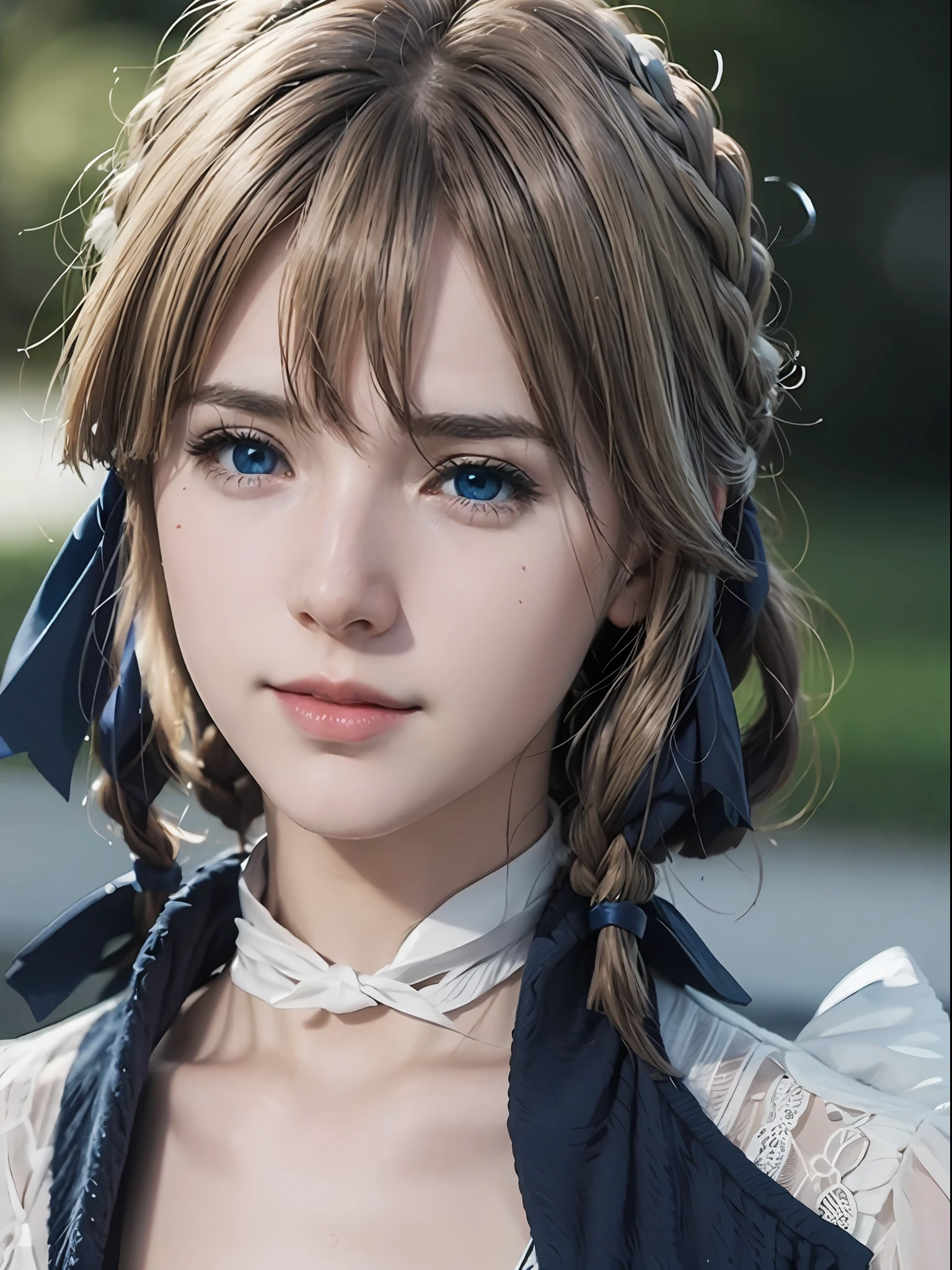 violett_evergarden,  Blau_Augen, Blondes Haar, Blau Augen, hair Schleife, Schleife, Kurzes Haar, Zöpfe, hair Zöpfe, red Schleife, reife Frau, Erotisches Lächeln, erotic Augen, Gesichtsfokus, (Realismus:1.2), (Meisterwerk:1.2), (beste Qualität), (Extrem detailliert), (8k, kompliziert), (85mm), Lichtteilchen, Beleuchtung, (detailed Augen:1.2), (Detailliertes Gesicht:1.2), (sehr detailliert:1.2), (dynamischer Winkel:1.2), (Farbverläufe), bunt, Tageslicht,