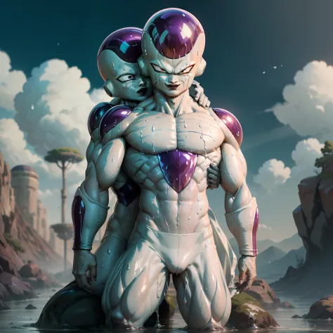 frieza:1.2、Transformed into final form、((full))、dragonball z、Frieza's body、well-muscled、abdominals、((Wearing sweat))((The body is dripping wet))、wet thighhighs、 spreading thigh、(perspiring、Hugged:1.2)