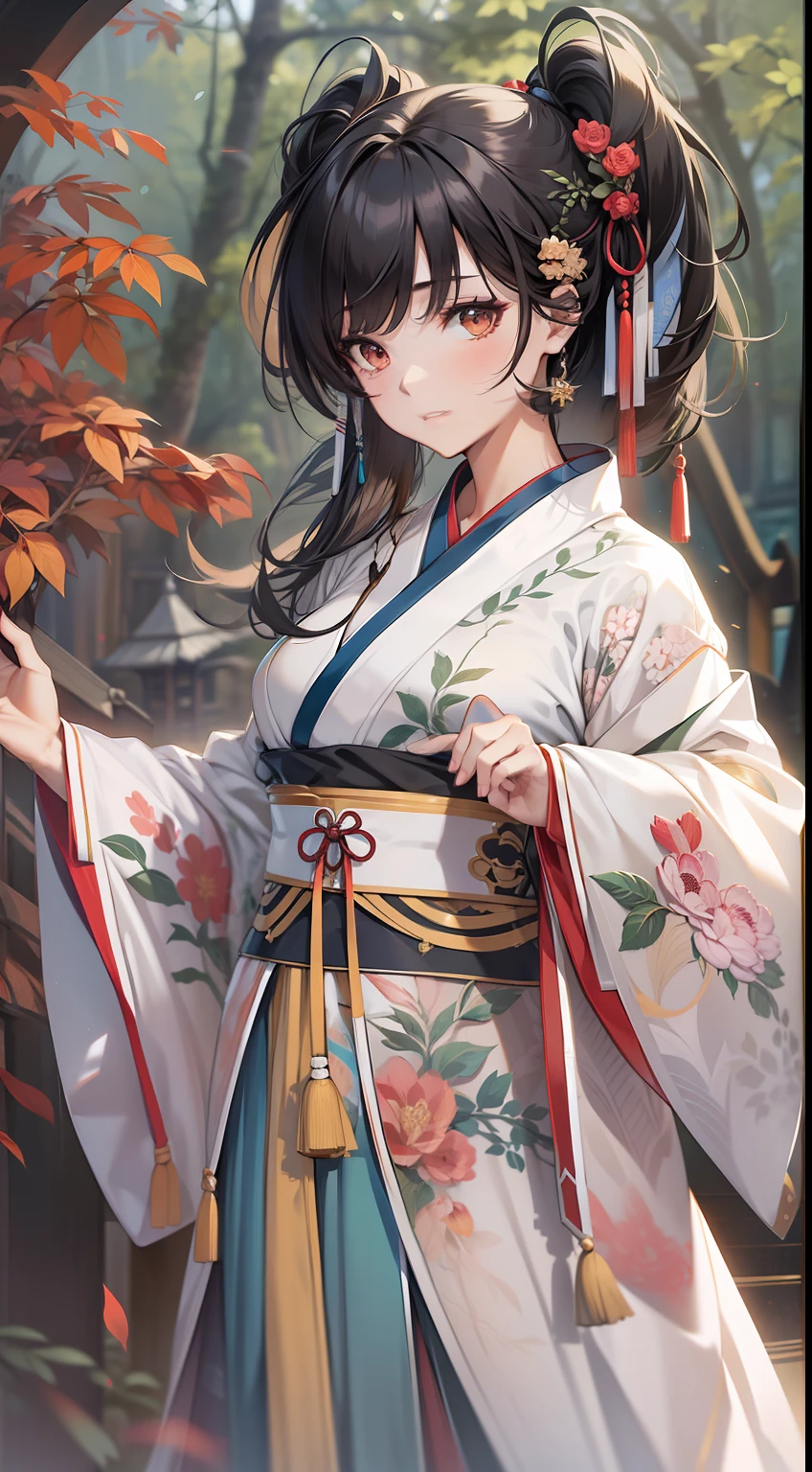 tmasterpiece! Premium image quality! Full body realistic girl, Richly detailed Hanfu costumes in a magnificent background, Medium hair double ponytail black hair with Qi bangs, with brown eye。