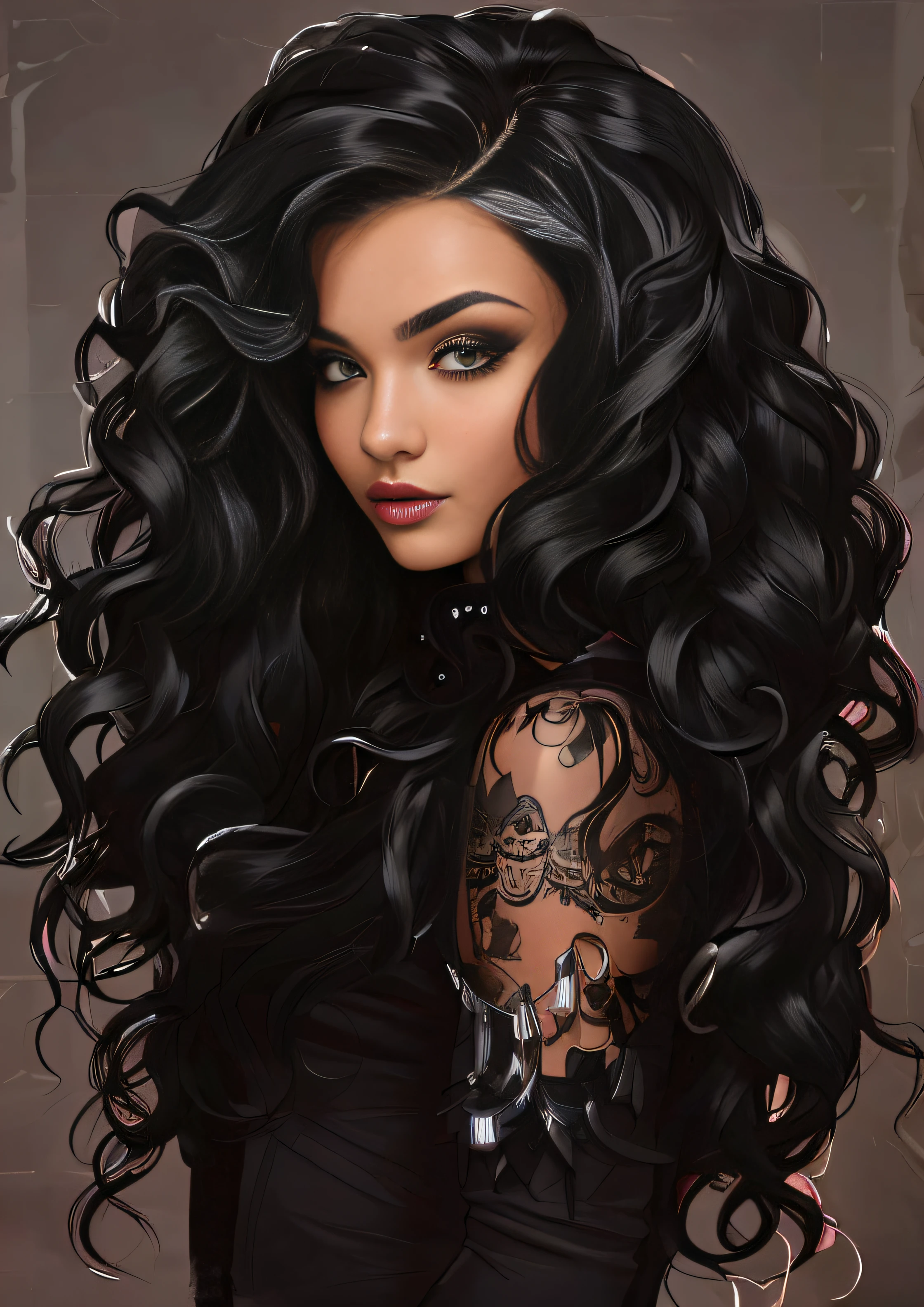 A woman with long black hair and tattoos on her arm - SeaArt AI