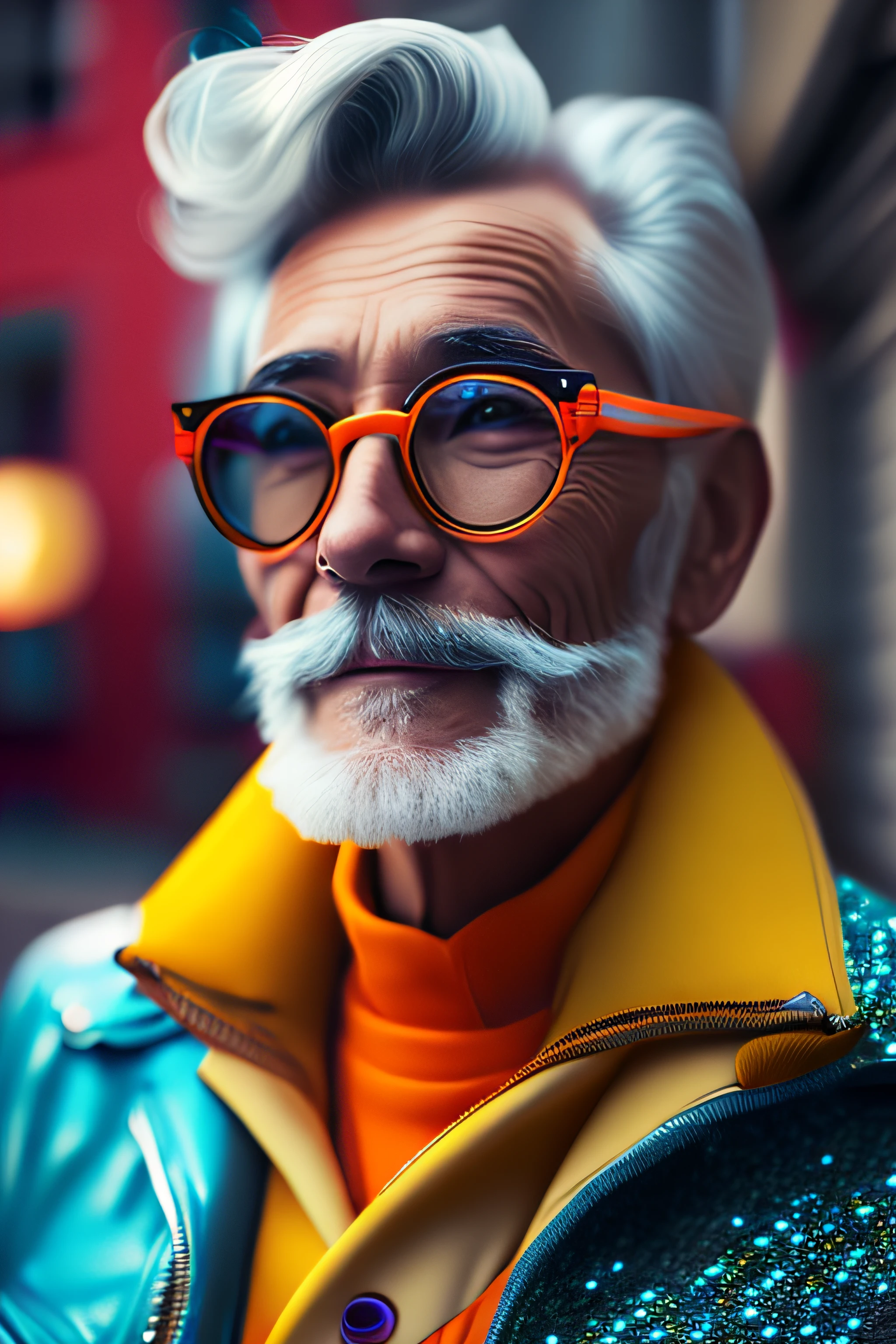 (fashionista portrait old american man, 1950s with intricate colorful modern bright colored glasses), c0lorful cute hair, smiling expression, (extremely detailed digital photography: 1.2), standing in the middle of the city, ((((full body)))), raw image,, Hasselblad, 50asa, f8, 12mm, glow effects, godrays, hand drawn, render, 8k, octane render, 4d cinema, blender, dark, atmospheric 4k ultra detailed,  sensual cinematic, sharp focus, humorous illustration, great depth of field, masterpiece, colors, 3d octane rendering, 4k, concept art, trend in artstation, hyperrealistic, vivid colors, rim light, extremely detailed CG 8k wallpaper unit, trend in ArtStation, trend in CGSociety, Pop Art style by Yayoi Kusama, Intricate, High Detail, dramatic
, pure energy, light particles, sci-fi