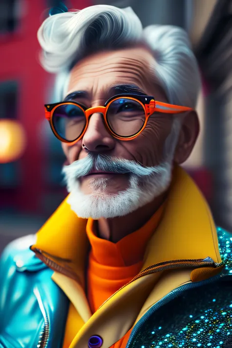 (fashionista portrait old american man, 1950s with intricate colorful modern bright colored glasses), c0lorful cute hair, smilin...