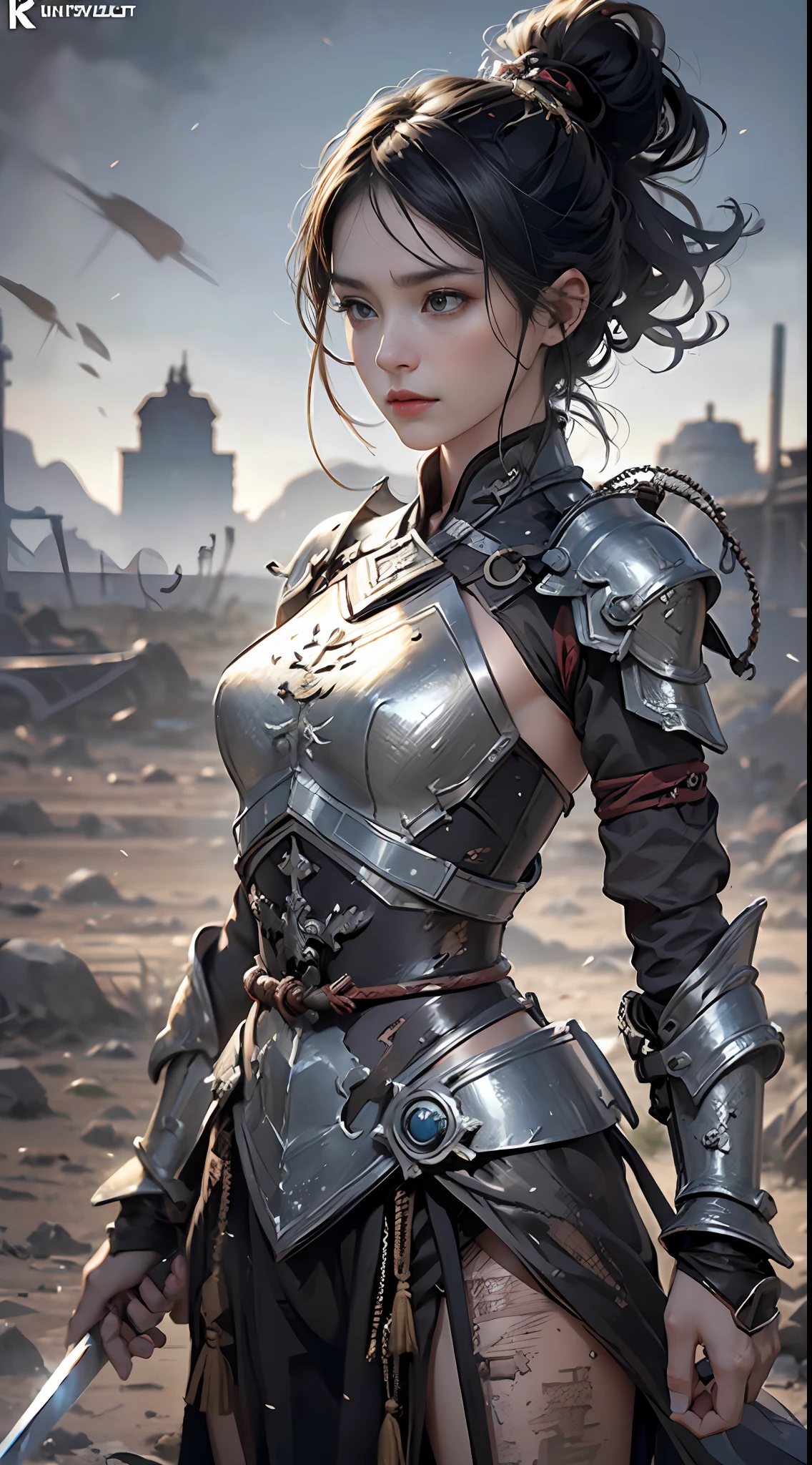 8k wallpaper，ultra - detailed，rich details​，ultraclear，8K,，Best quality at best，best qualtiy，mistic，1 female warrior，Black armor，Ancient Chinese general armor，（（（Sword in hand））），facing to audience，(((A withered battlefield，ruins，run-down,Wasteland，barren，A desert)))，Sadness outside，battlefiled，ancient battle field，，（（the night，Dimly lit，Dark 1.3）），Bust composition