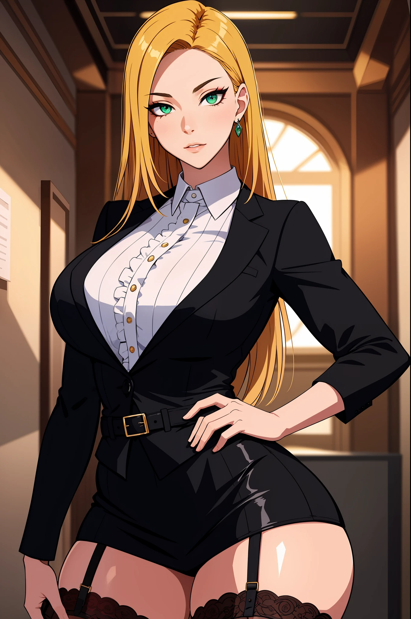 （tmasterpiece，A high resolution，best qualtiy：1.2），8K，highly  detailed，复杂，rich colourful，vibrant image，Clear focus，cinematic ligh） blond hairbl，long whitr hair，Green eyes，body builder （Wear black business attire，black_Collared shirt cropped jacket，tiese，tiese，Black frilled skirt，a garter belt，Leather belt） （Large, Perfect round breasts，Hourglass body，Big breasts Thin waist，Very thin waist， photograph realistic，（hyper realisitc：1）big breasts beautiful， tmasterpiece，Best quality at best，extremelydetailedface，s the perfect face，beauitful face，Perfect lighting，Detailed eye makeup，Details of the face，Nice detail eyes，pretty hand，perfect hand，glowing light eyes（realistic pupil，Realistic iris：1）Heavy eye makeup，（empty Casino）（Posing dynamically）pantiess