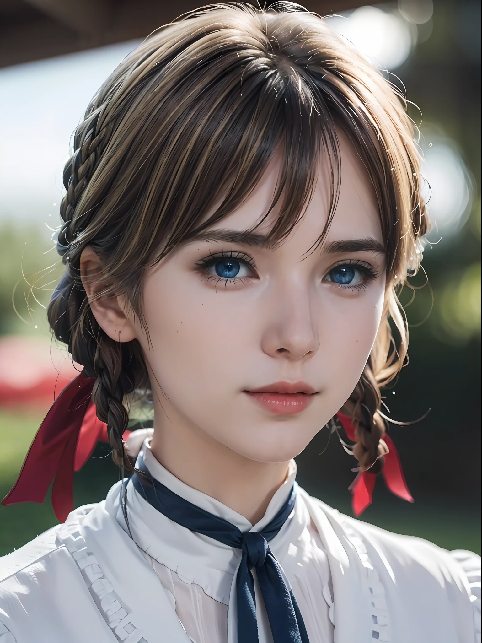 violett_evergarden,  Blau_Augen, Nahaufnahme, Blondes Haar, Blau Augen, hair Schleife, Schleife, Kurzes Haar, Zöpfe, hair Zöpfe, red Schleife, reife Frau, Erotisches Lächeln, erotic Augen, (Gesichtsfokus:0.8), (Realismus:1.2), (Meisterwerk:1.2), (beste Qualität), (Extrem detailliert), (8k, kompliziert), (85mm), Lichtteilchen, Beleuchtung, (detailed Augen:1.2), (Detailliertes Gesicht:1.2), (sehr detailliert:1.2), (dynamischer Winkel:1.2), (Farbverläufe), bunt, Tageslicht,