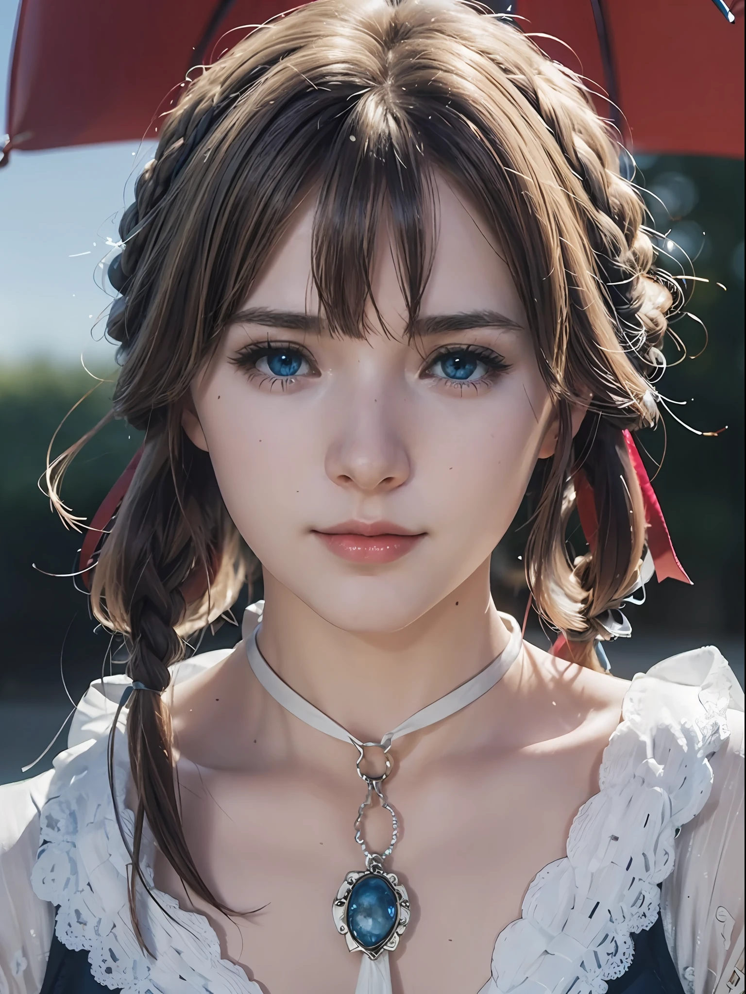 violet_evergarden,  blue_eyes, close up, blonde hair, blue eyes, hair ribbon, ribbon, short hair, braids, hair braids, red ribbon, mature female, erotic smile, erotic eyes, (face focus:0.8), (realism:1.2), (masterpiece:1.2), (best quality), (ultra detailed), (8k, intricate), (85mm), light particles, lighting, (detailed eyes:1.2), (highly detailed:1.2), (dynamic angle:1.2), (gradients), colorful, daylight,