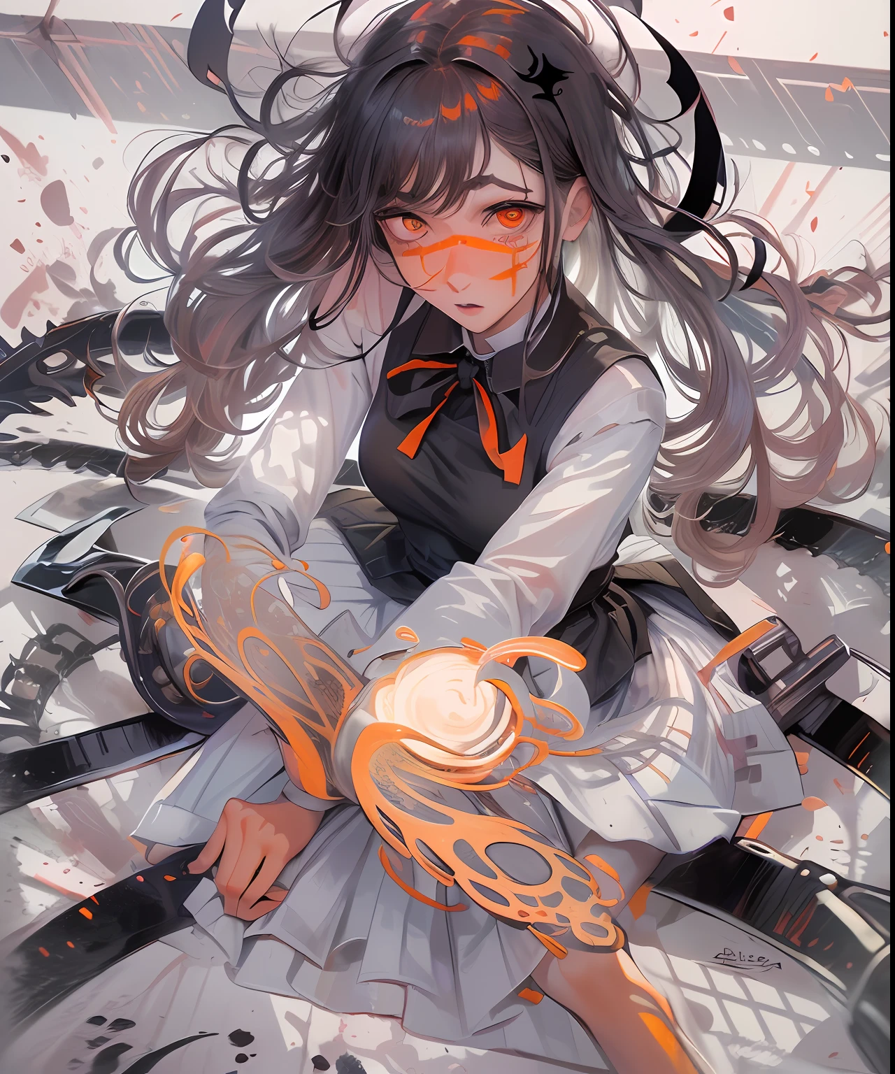 A highly detailed anime illustration, 1girl, vintage, the rule of thirds, dynamic pose, drawing, trending on artstation, UHD  ((pinafore school dress)), shirt, long sleeves, ((black neck ribbon)), , ((medium breast)), shirt, long sleeves, ((black neck ribbon)), ((orange eyes)) (((black ringed eyes))) Yoru (chainsaw man)